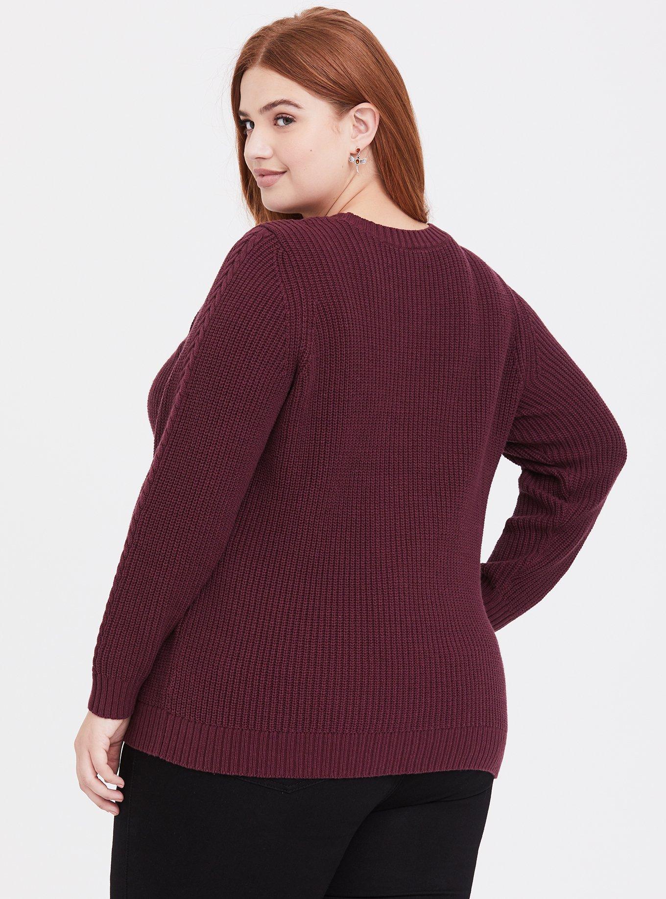 Plus Size Outlander Burgundy Purple Cable Knit Lace Up Sweater Torrid