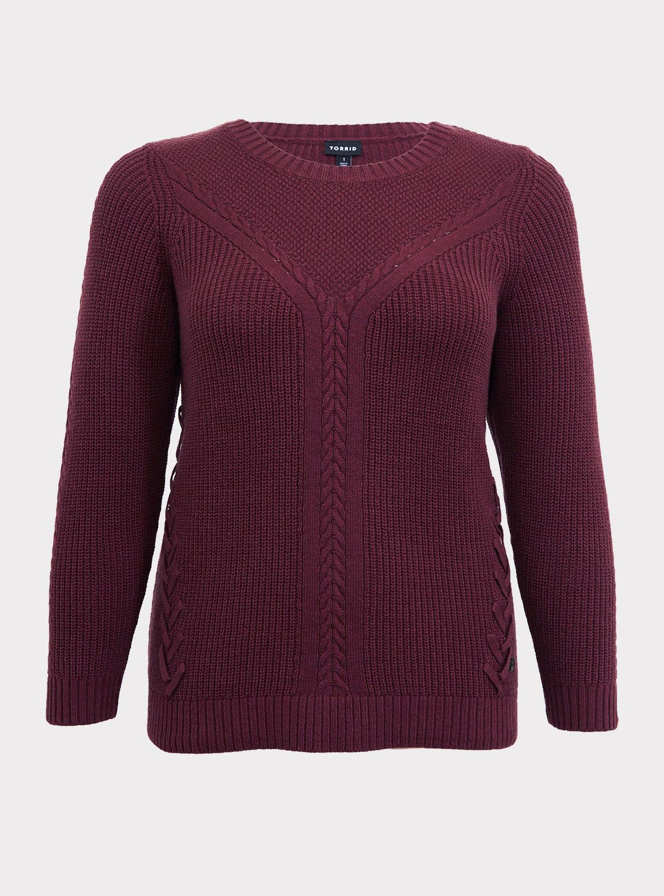 Plus Size - Outlander Burgundy Purple Cable Knit Lace Up Sweater - Torrid