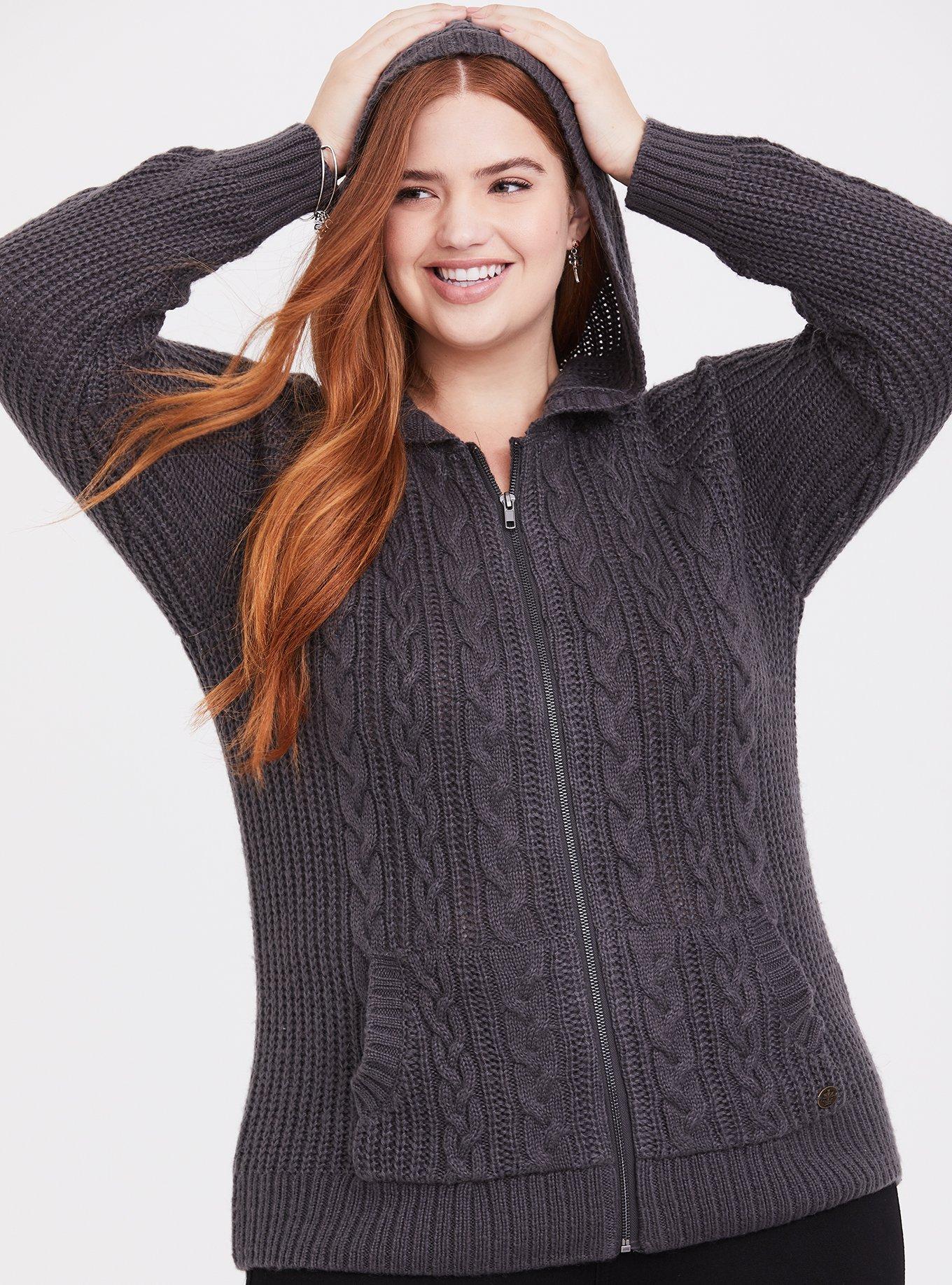 Plus Size - Outlander Grey Cable Knit Zip Hoodie - Torrid