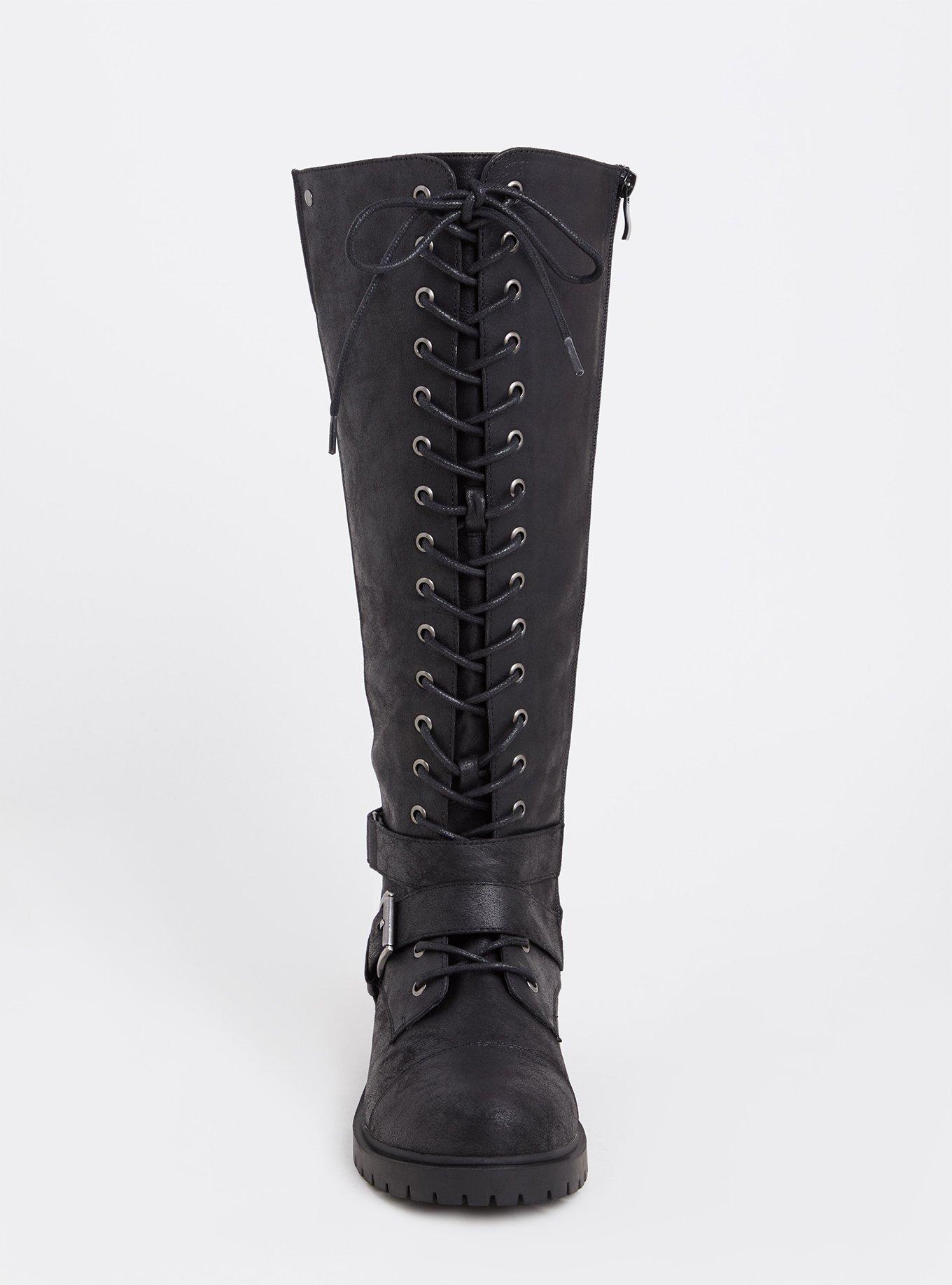 Knee-High Lace-Up Combat Boot (WW), BLACK FAUX LEATHER, alternate