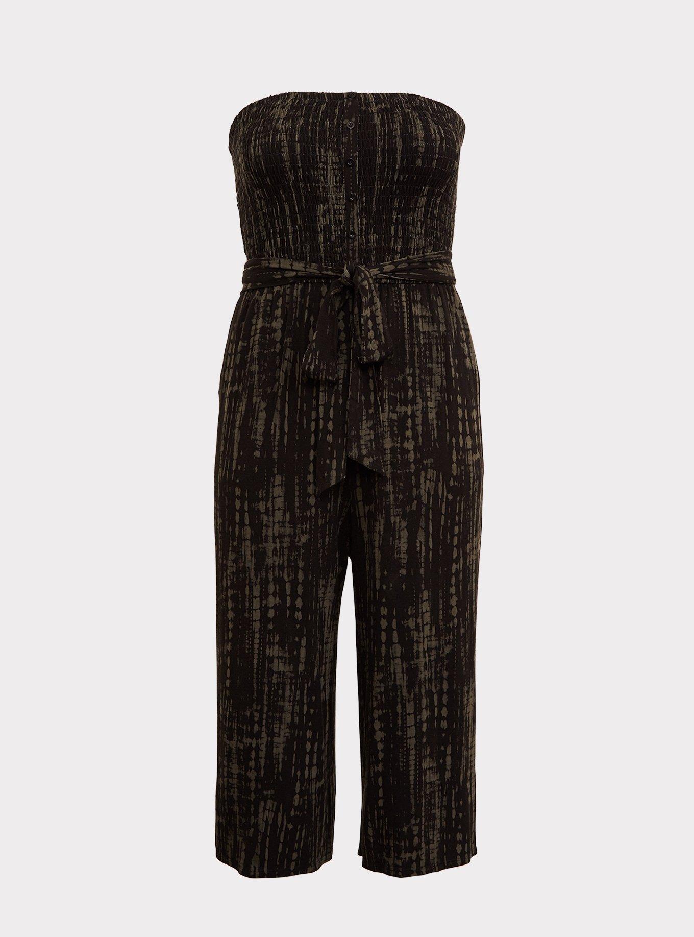 Olive Green & Black Tie-Dye Jersey Strapless Jumpsuit, , hi-res