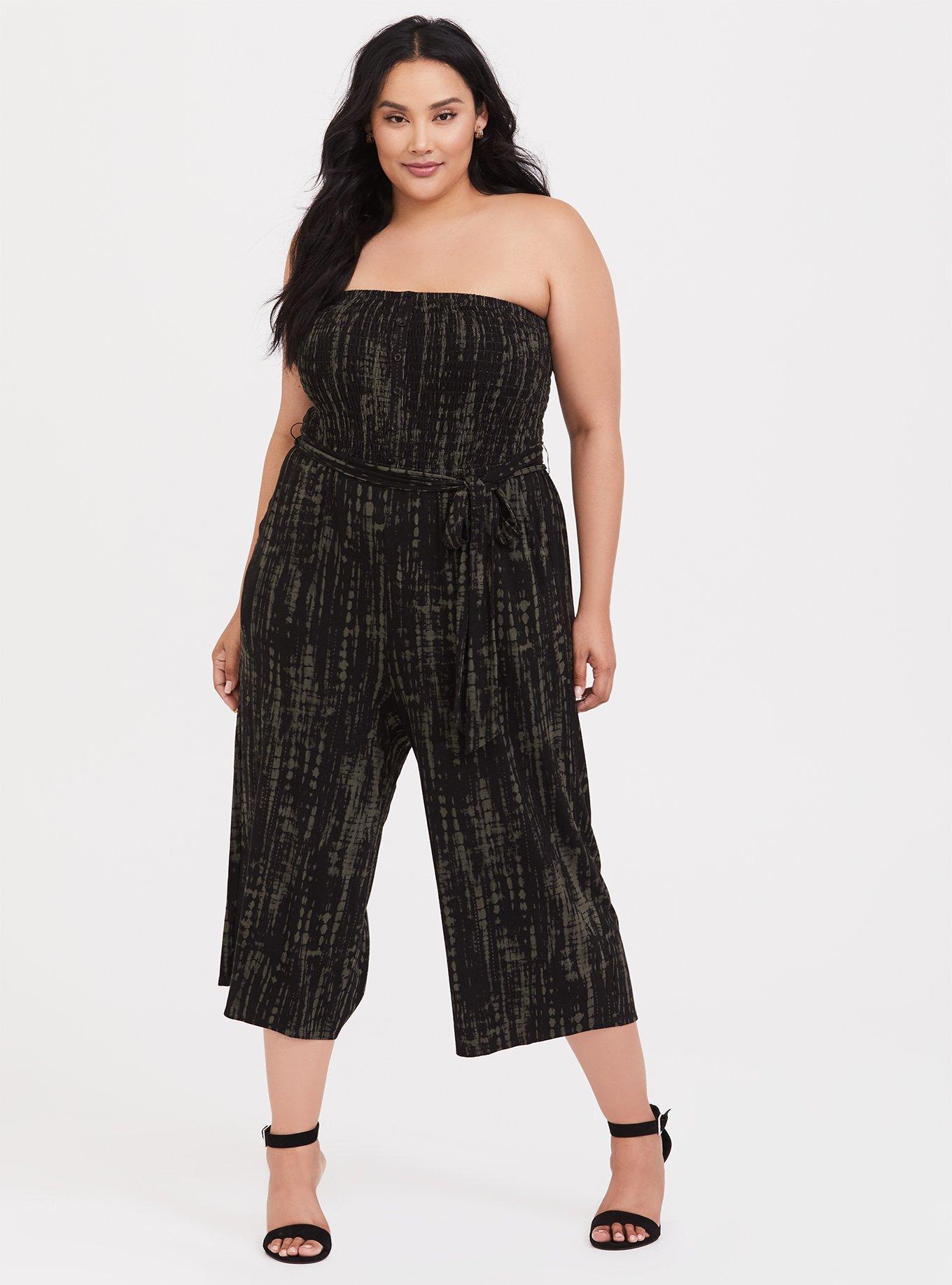 Olive Green & Black Tie-Dye Jersey Strapless Jumpsuit, , hi-res