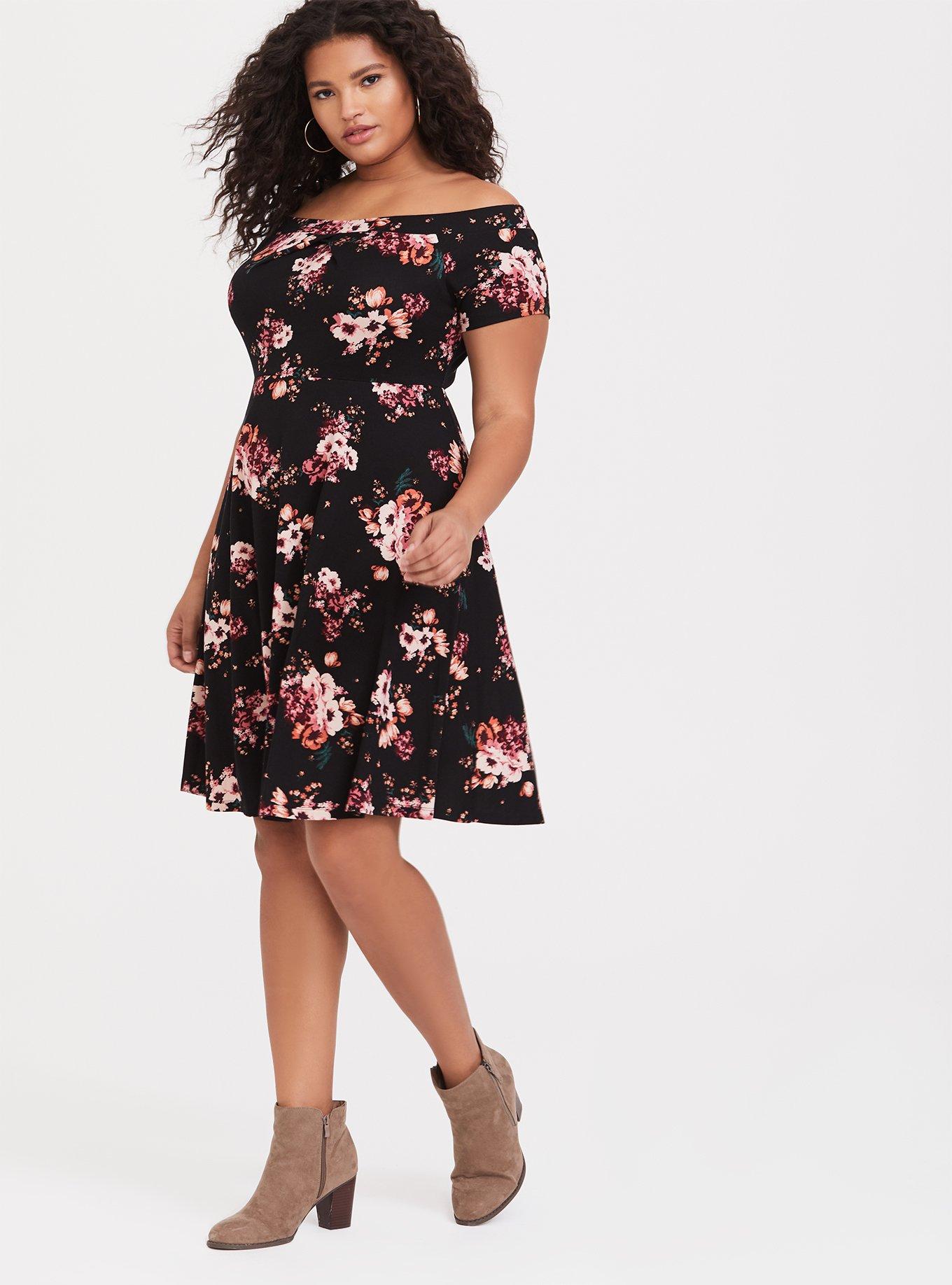 Torrid Women's Plus Size 3X Floral Luxe Ponte Off-Shoulder Mini Skater Dress