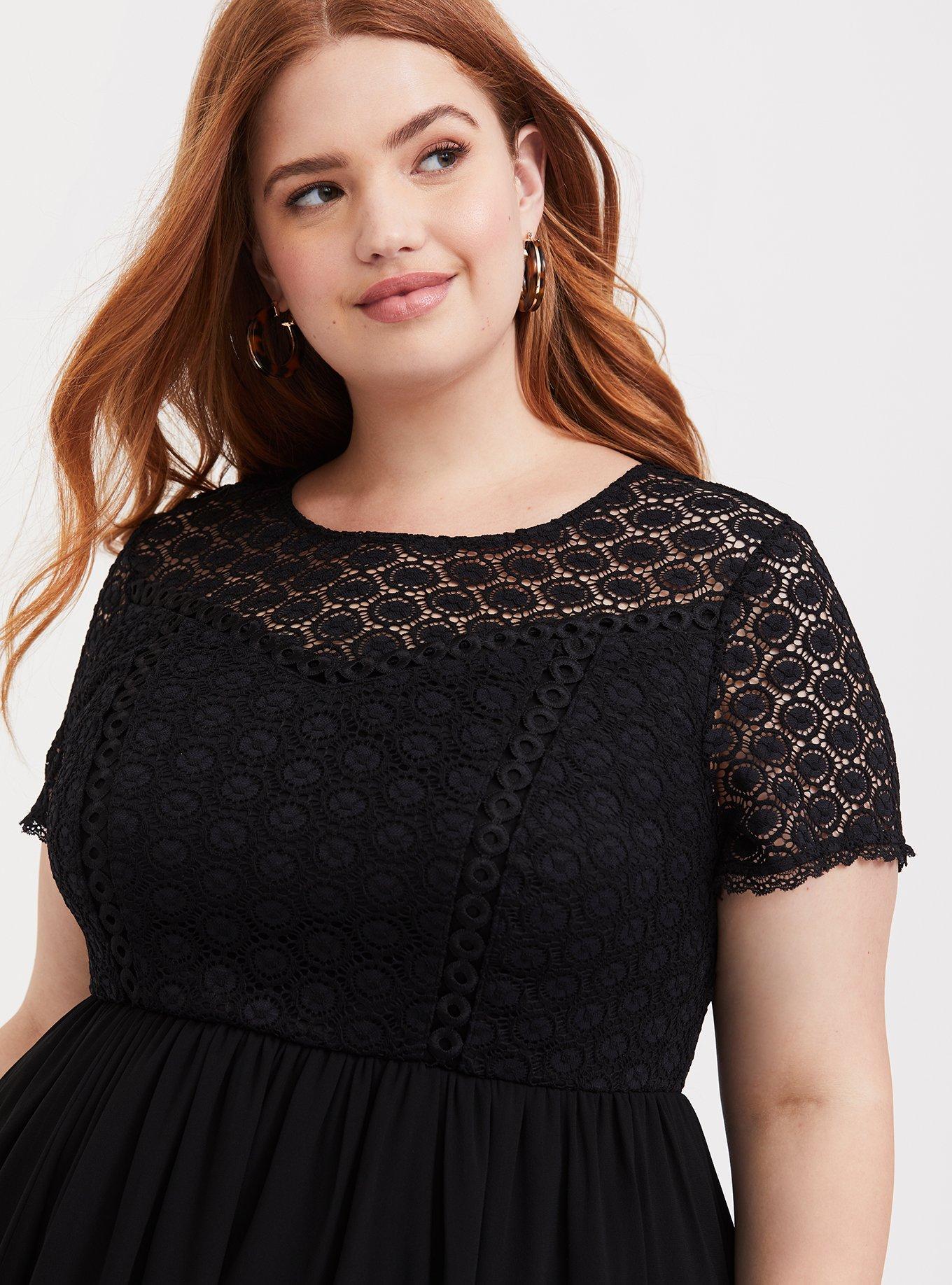 Plus Size Black Crochet & Chiffon Skater Dress, DEEP BLACK, alternate