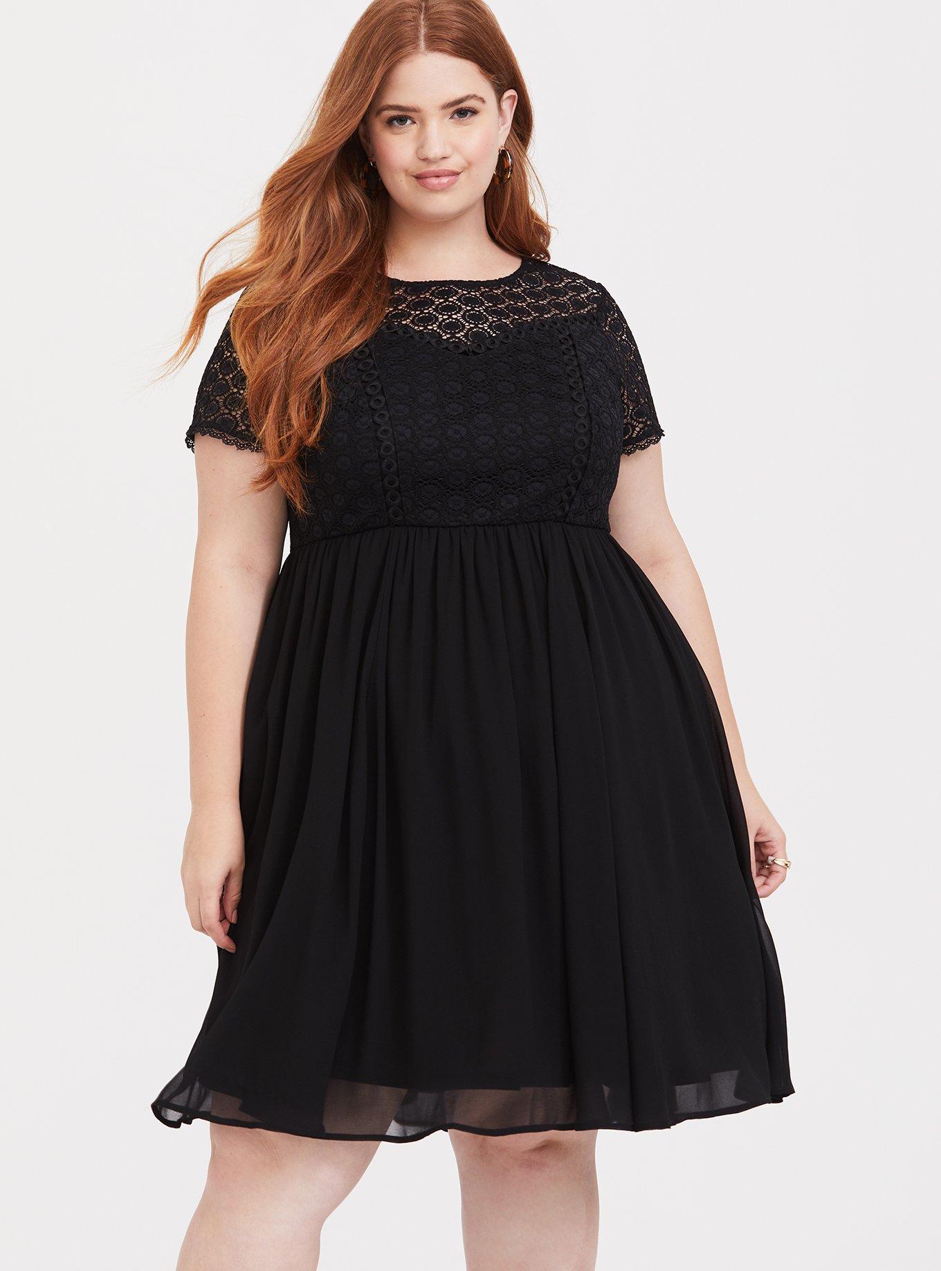 Plus Size Black Crochet & Chiffon Skater Dress, DEEP BLACK, alternate
