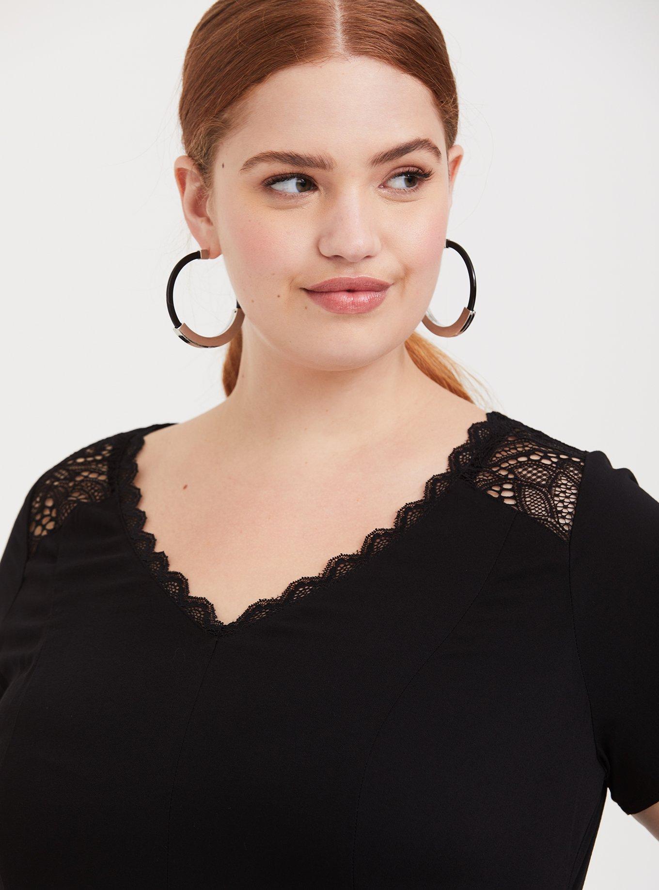 Black Challis Lace Yoke Trapeze Dress, DEEP BLACK, alternate
