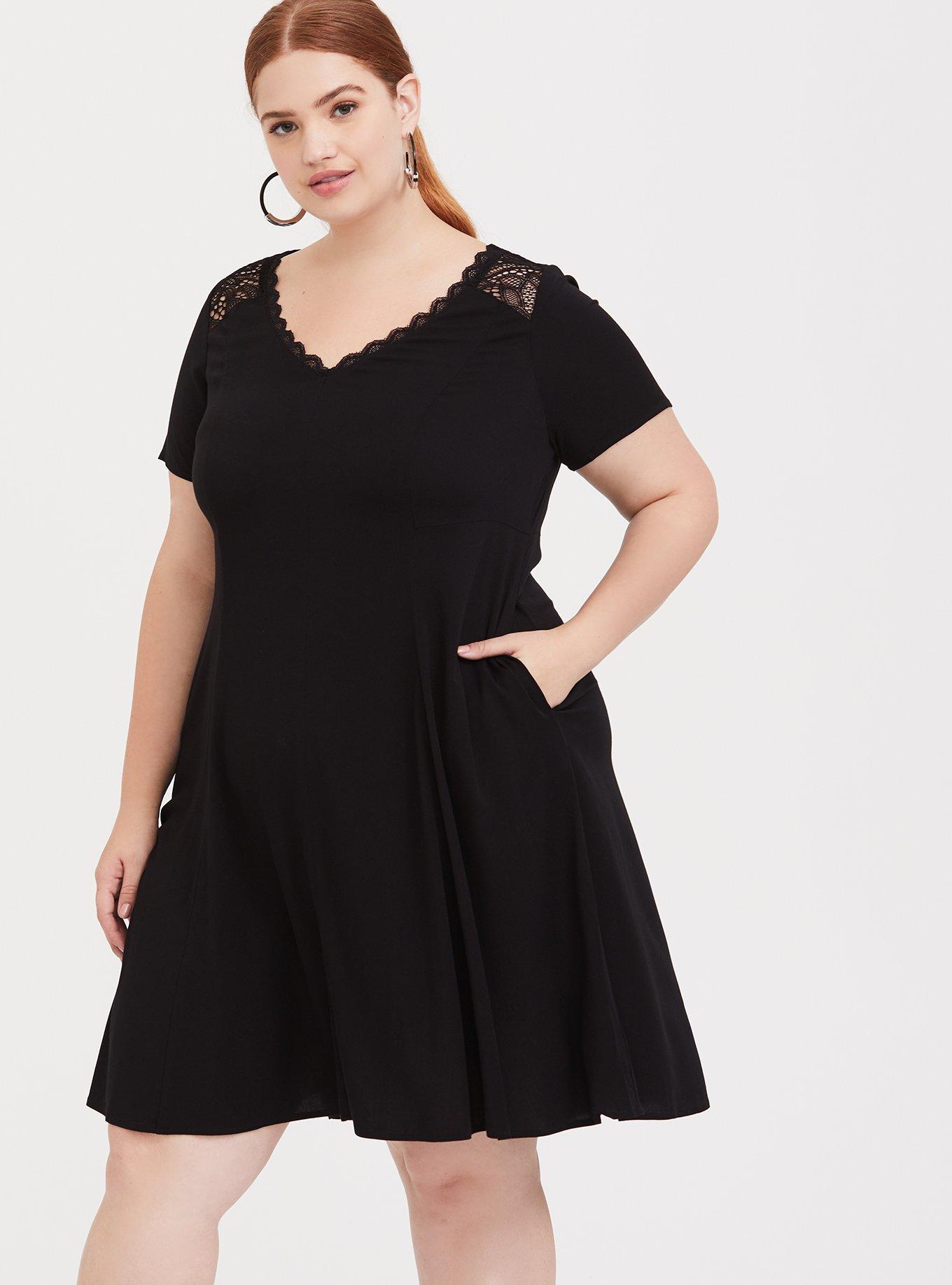 Black Challis Lace Yoke Trapeze Dress, DEEP BLACK, alternate