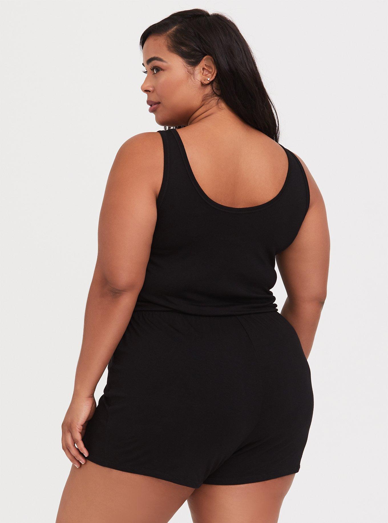 Plus Size Super Soft Henley Sleeveless Sleep Romper, DEEP BLACK, alternate