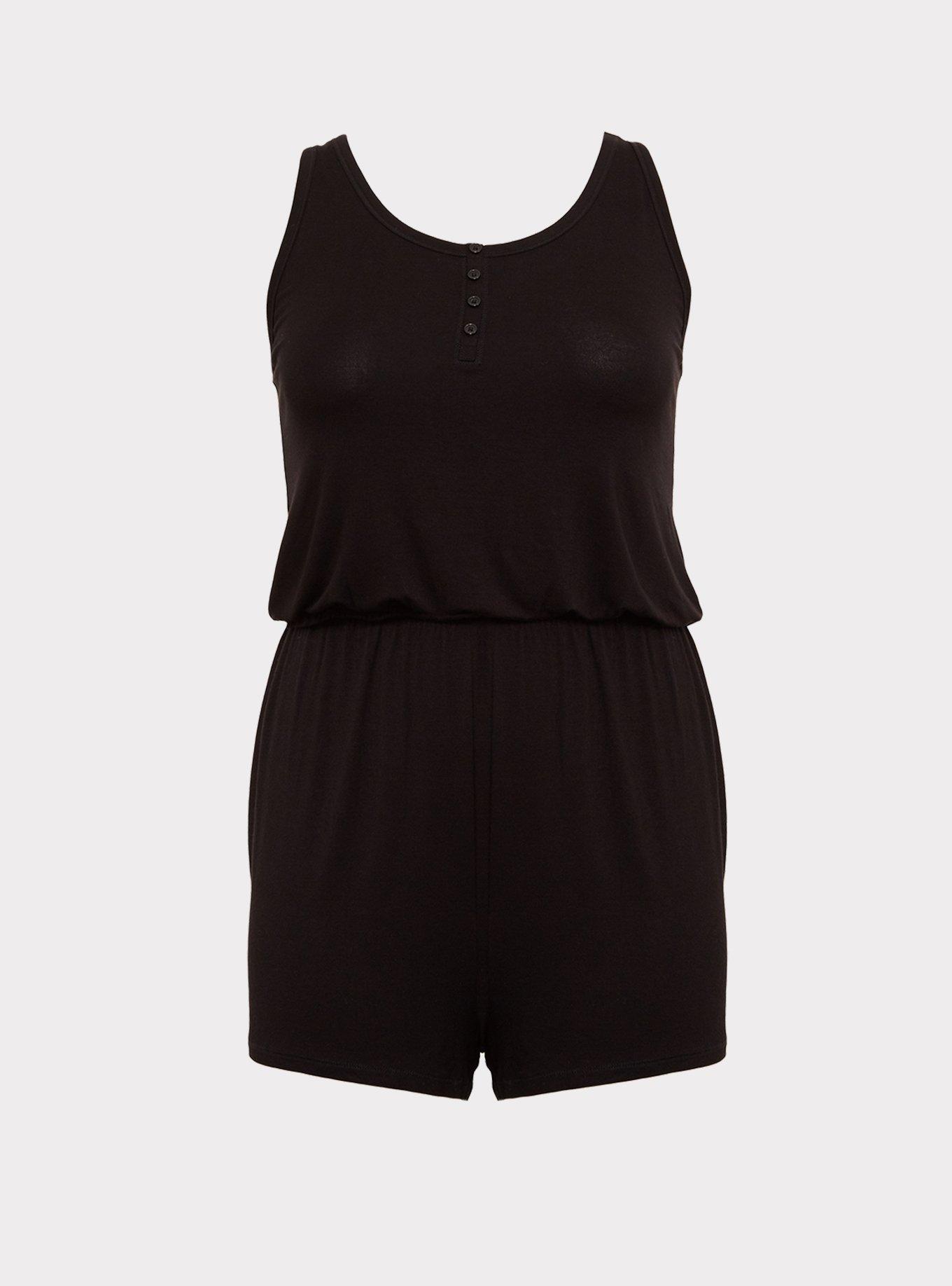 Plus Size Super Soft Henley Sleeveless Sleep Romper, DEEP BLACK, hi-res