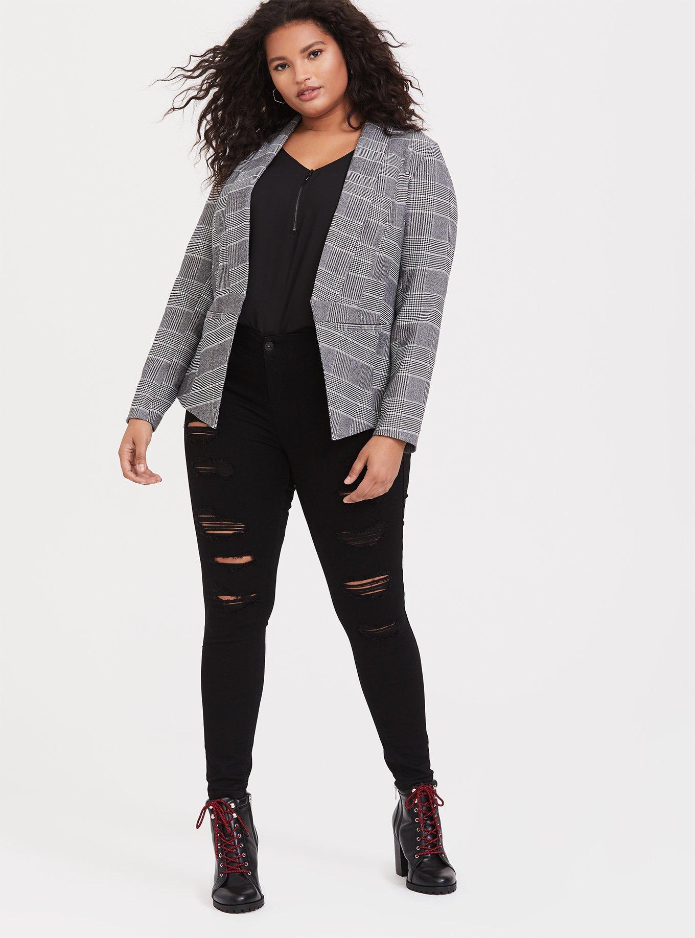 Black Plaid Houndstooth Cutaway Stretch Blazer, NONEC, alternate