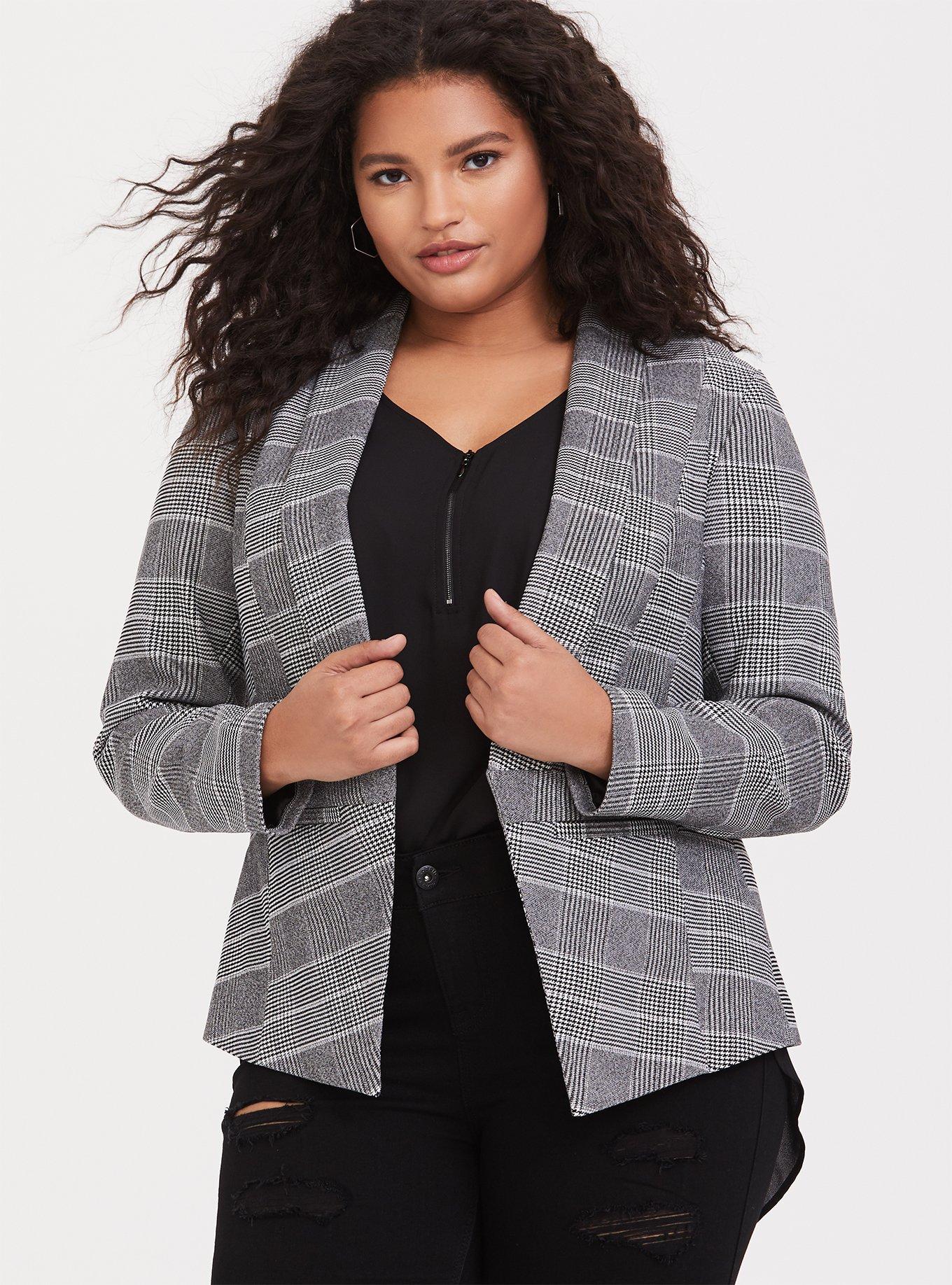 Plus Size Black Plaid Houndstooth Cutaway Stretch Blazer Torrid