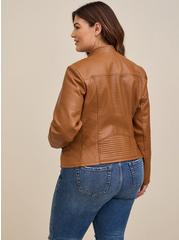 Plus Size Faux Leather Collarless Moto Jacket, COGNAC, alternate