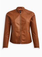 Plus Size Faux Leather Collarless Moto Jacket, COGNAC, hi-res