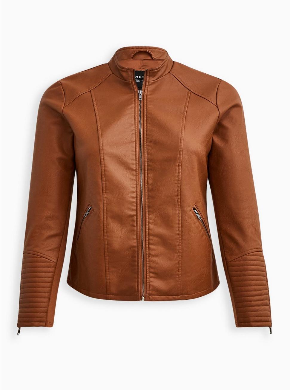 Faux Leather Collarless Moto Jacket, COGNAC, hi-res