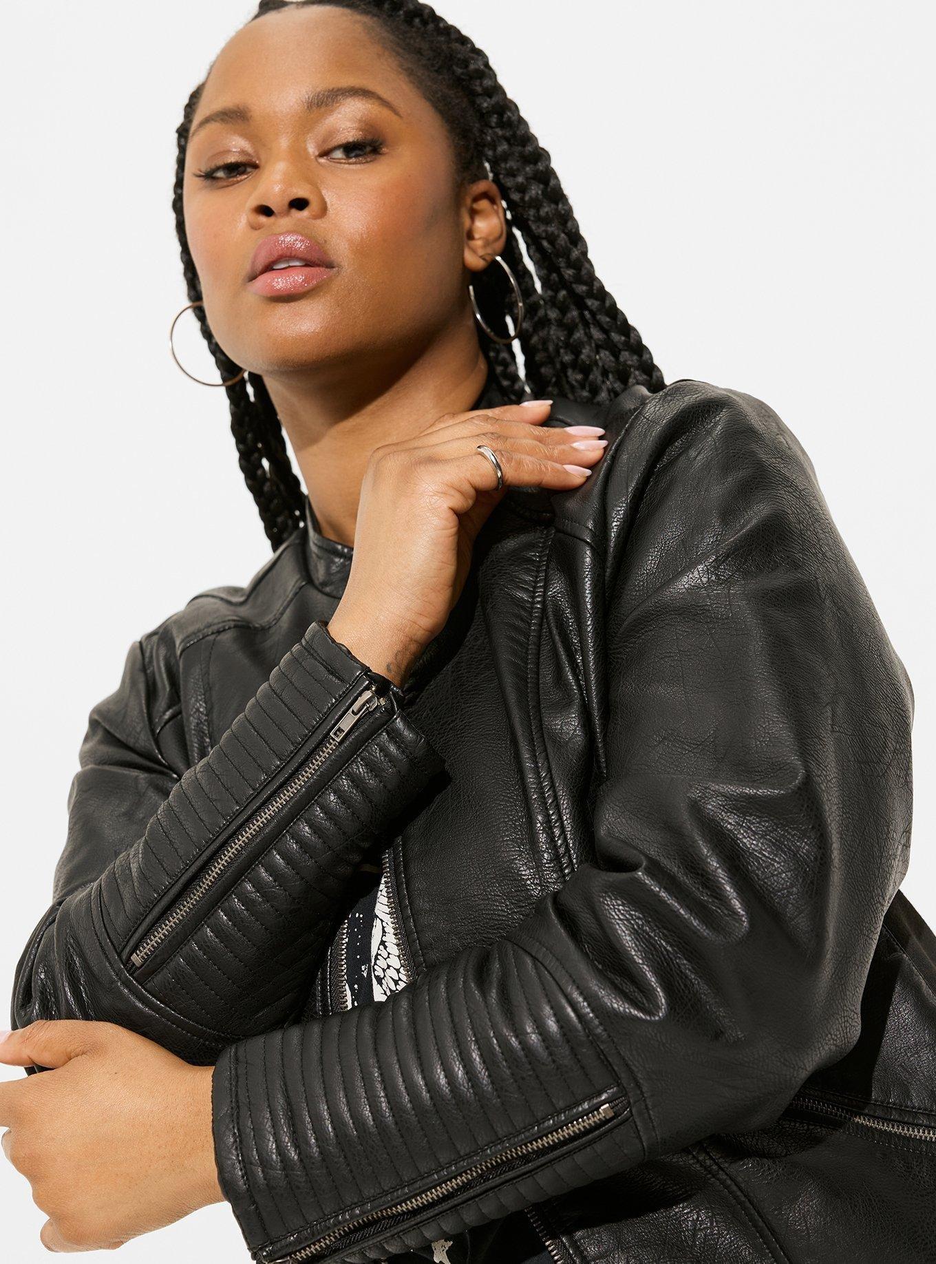 Faux Leather Collarless Moto Jacket, DEEP BLACK, alternate