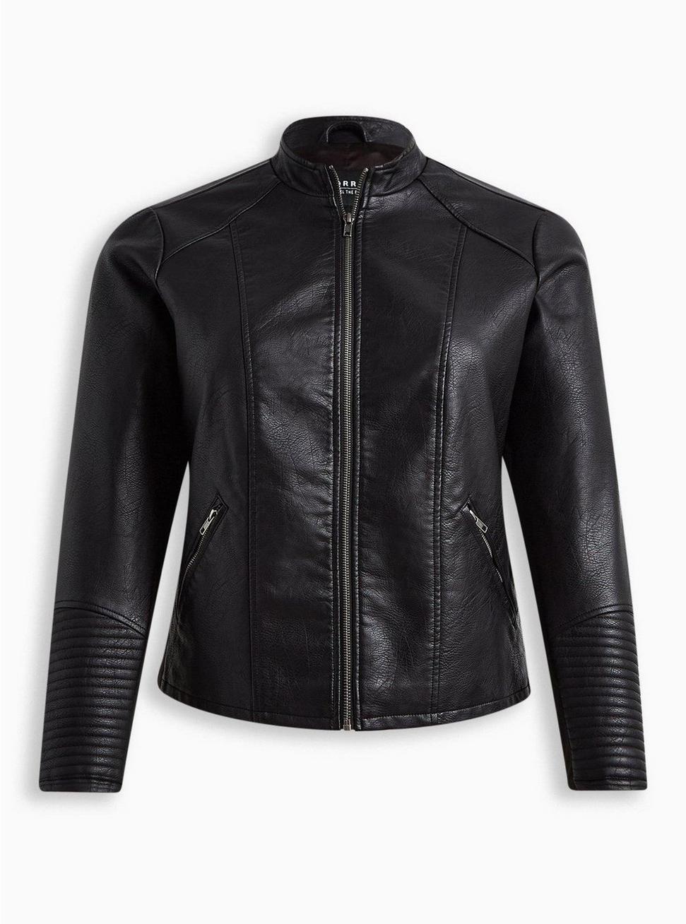 Plus Size Faux Leather Collarless Moto Jacket, DEEP BLACK, hi-res