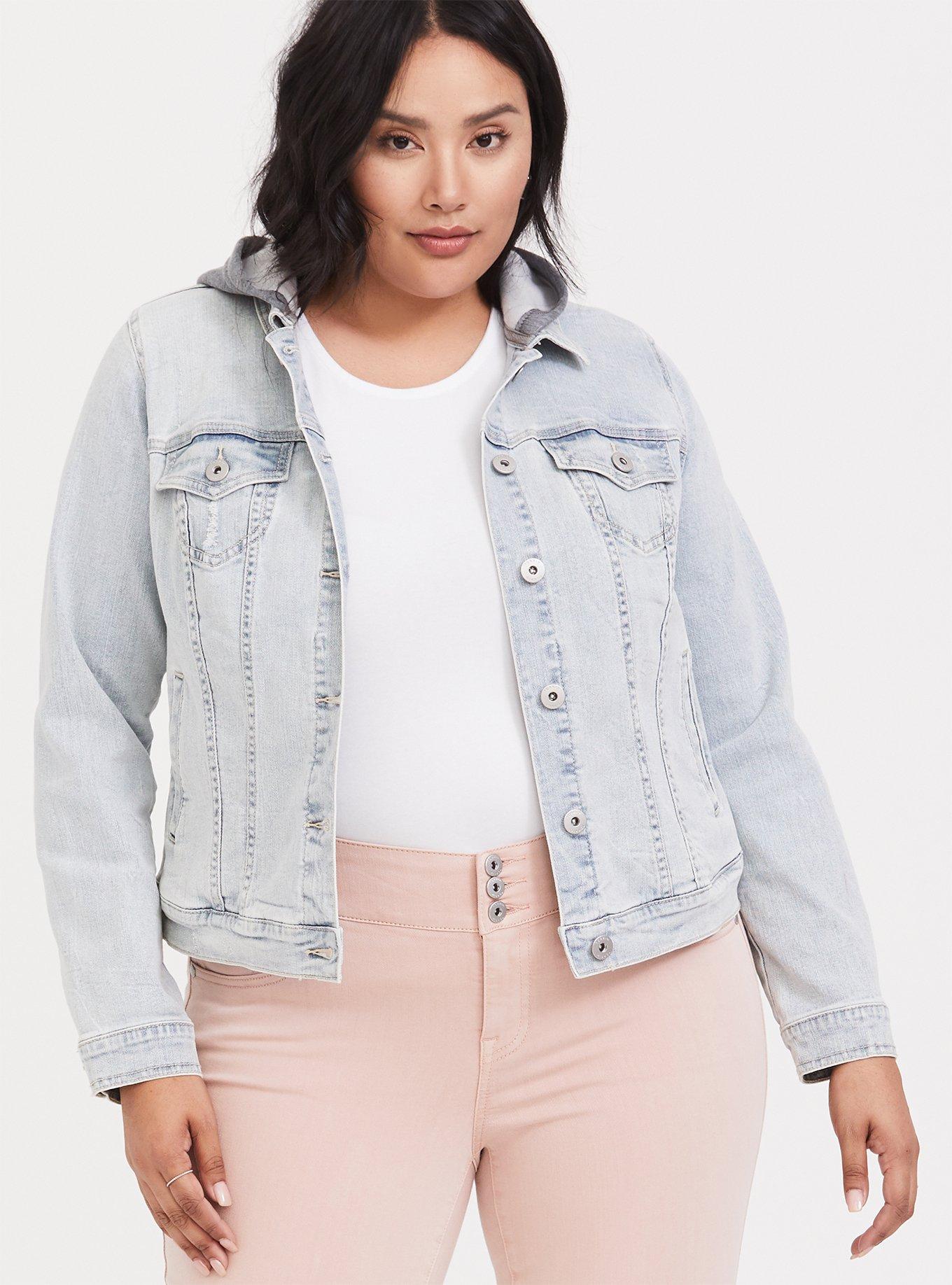 Plus Size - Light Wash Denim Trucker Jacket with Hood - Torrid