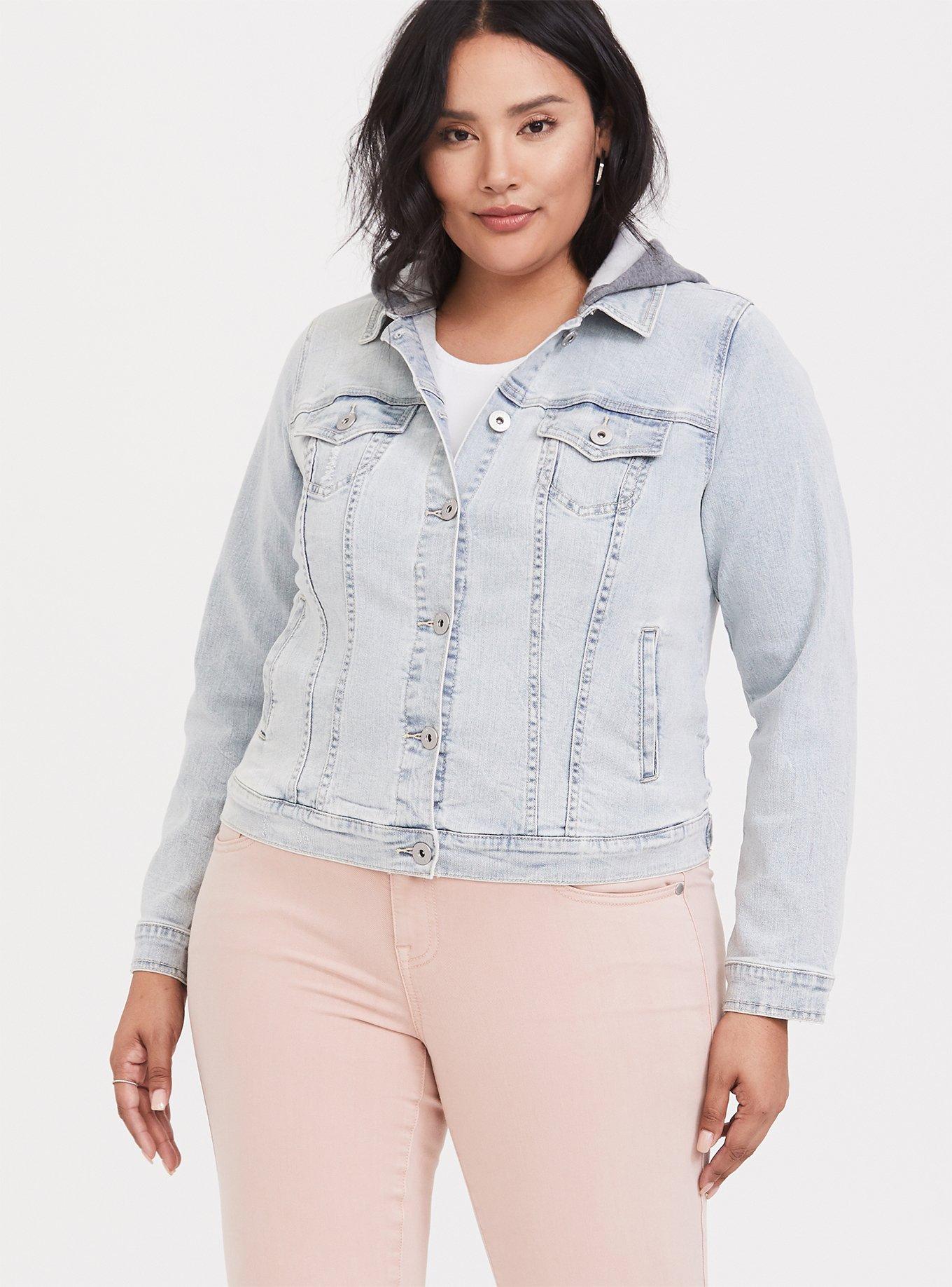 Plus Size - Light Wash Denim Trucker Jacket with Hood - Torrid