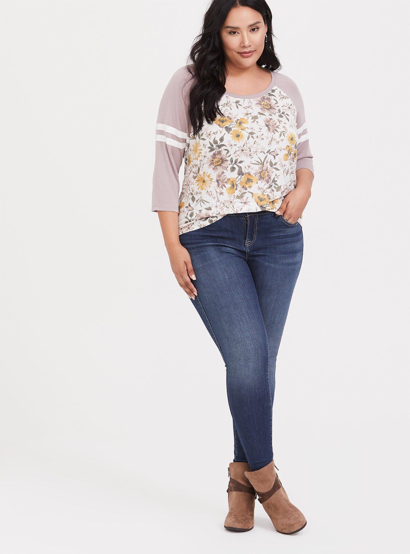 Lilac Floral Raglan Long Sleeve Classic Fit Football Tee, QUARTZ, alternate