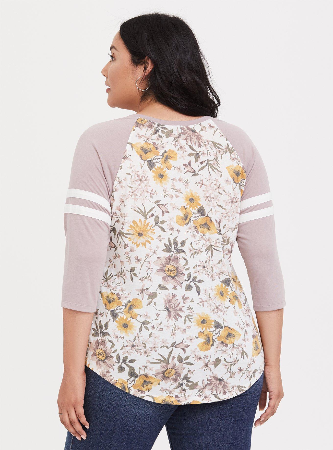 Lilac Floral Raglan Long Sleeve Classic Fit Football Tee, QUARTZ, alternate