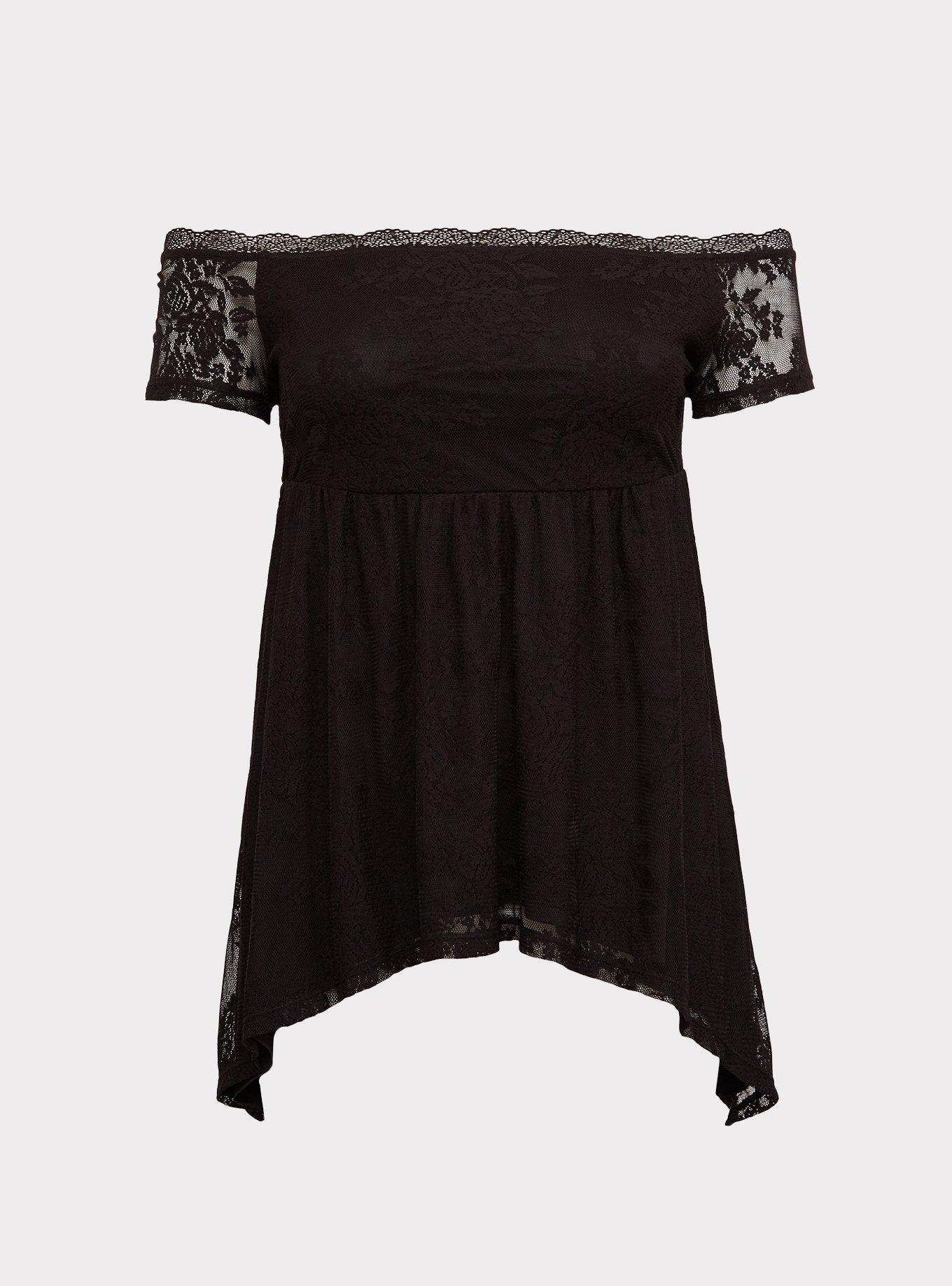 Black Lace Off Shoulder Babydoll Top, , hi-res