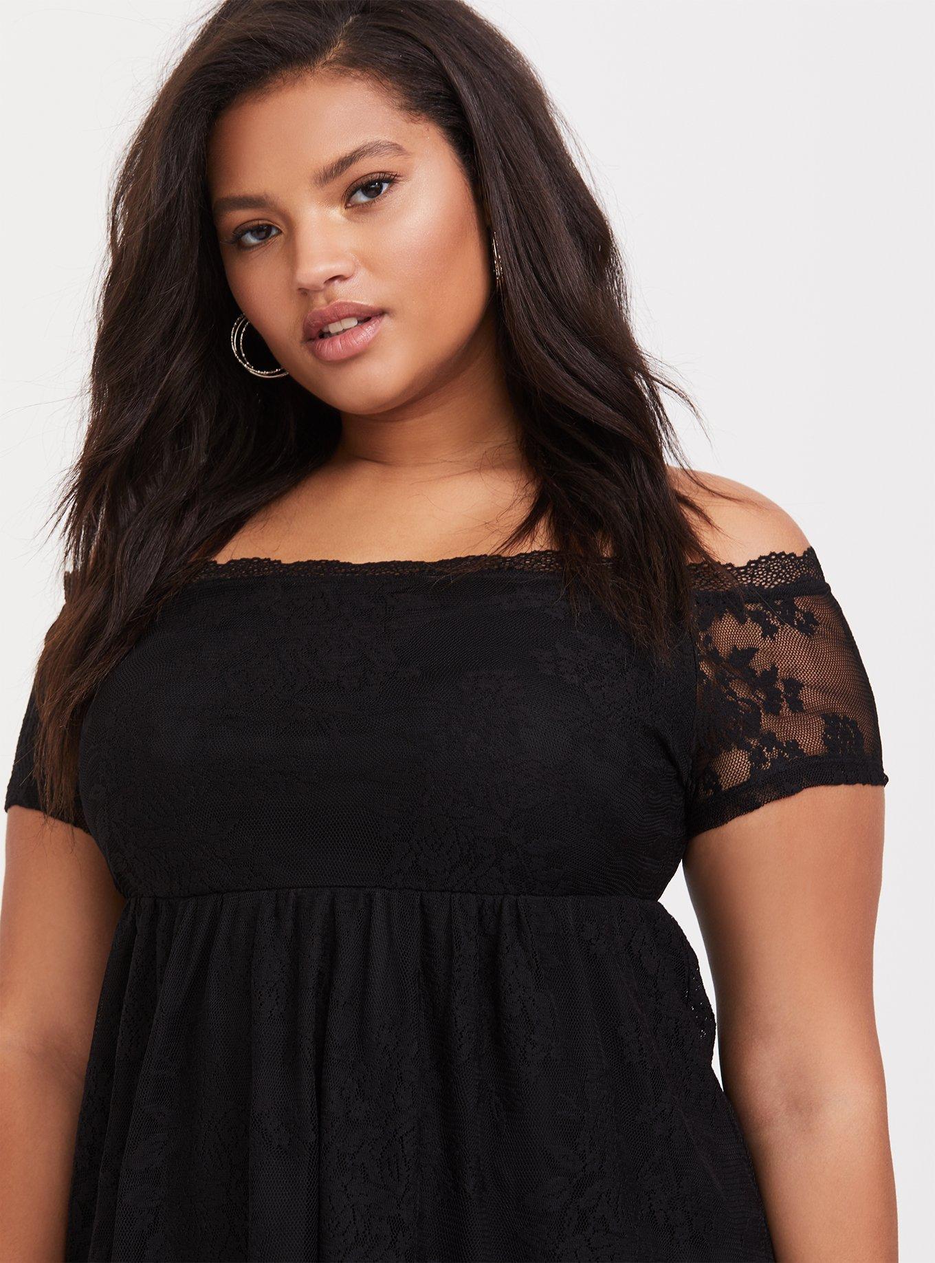 Black Lace Off Shoulder Babydoll Top, , hi-res