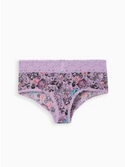 Second Skin Mid-Rise Cheeky Lace Trim Panty, EVERYTHING TATTOO PURPLE, hi-res