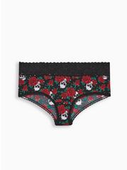 Second Skin Mid-Rise Cheeky Lace Trim Panty, TATTOO ROSE SKULL BLACK, hi-res