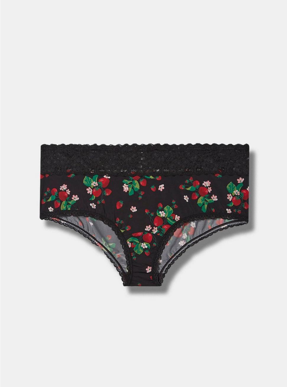 Plus Size Second Skin Mid-Rise Cheeky Lace Trim Panty, SWEET STRAWBERRIES BLACK: BLACK, hi-res