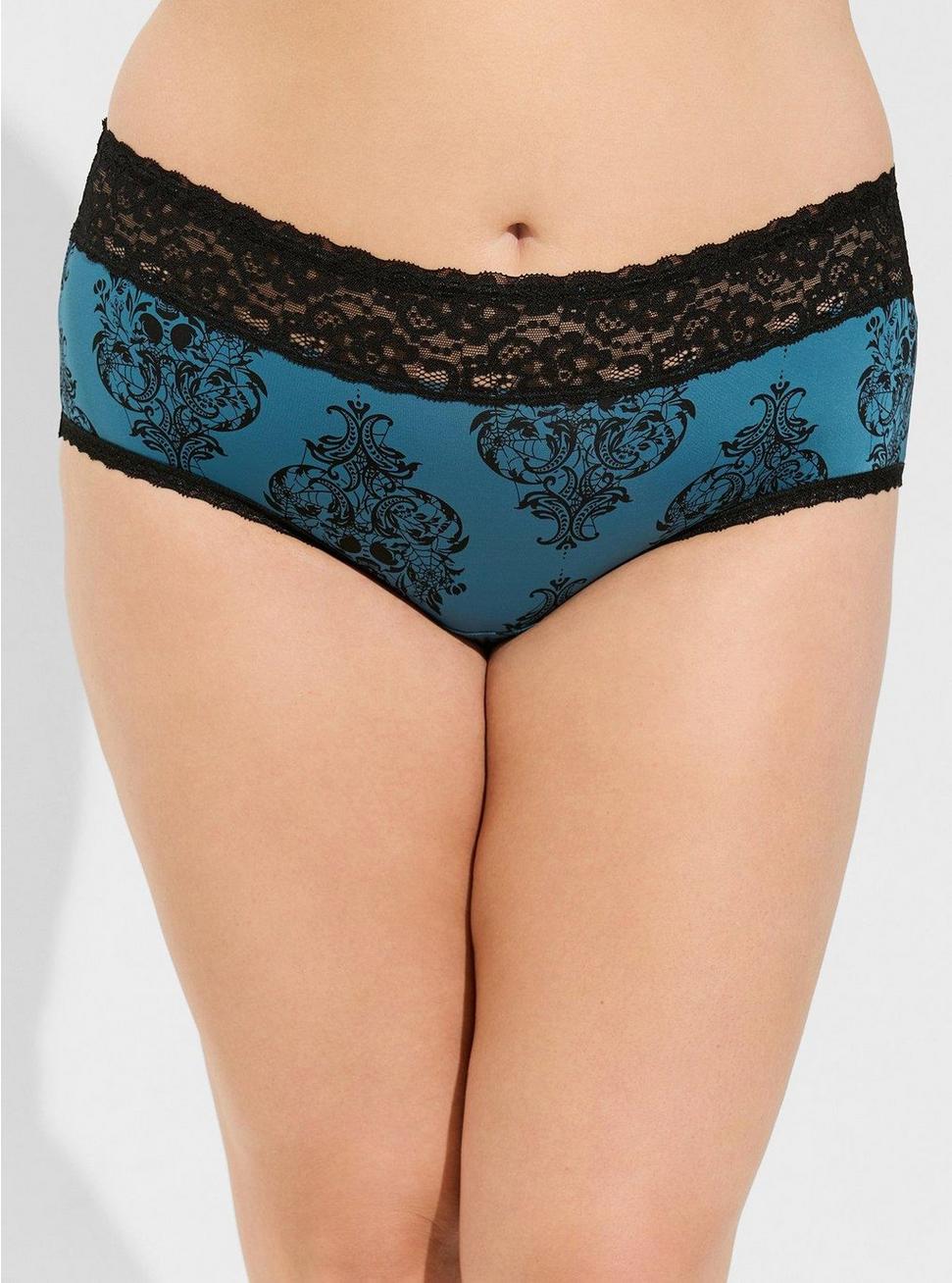 Second Skin Mid-Rise Cheeky Lace Trim Panty, SKULL DAMASK BOUQUET LEGION BLUE, alternate
