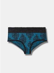 Second Skin Mid-Rise Cheeky Lace Trim Panty, SKULL DAMASK BOUQUET LEGION BLUE, hi-res