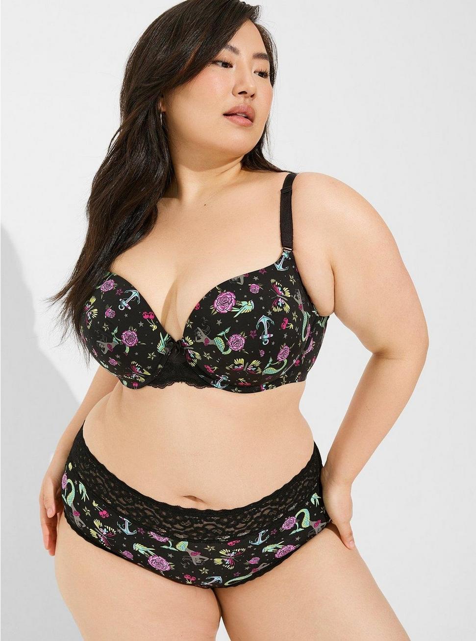 Plus Size Second Skin Mid-Rise Cheeky Lace Trim Panty, TATTOO SINK TOSS RICH BLACK, hi-res