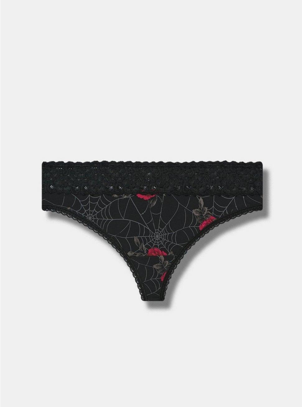 Second Skin Mid-Rise Thong Lace Trim Panty, ROSEY WEBS FLORAL RICH BLACK, hi-res