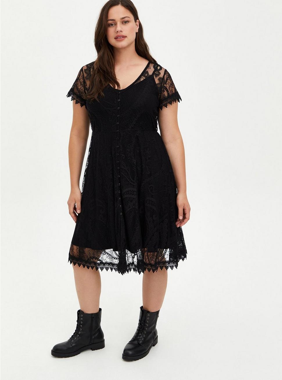 Mini Lace Button-Front Shirt Dress, DEEP BLACK, hi-res