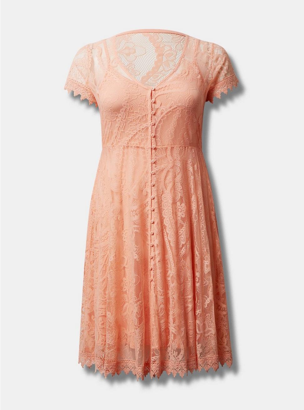 Mini Lace Button-Front Shirt Dress, SALMON, hi-res