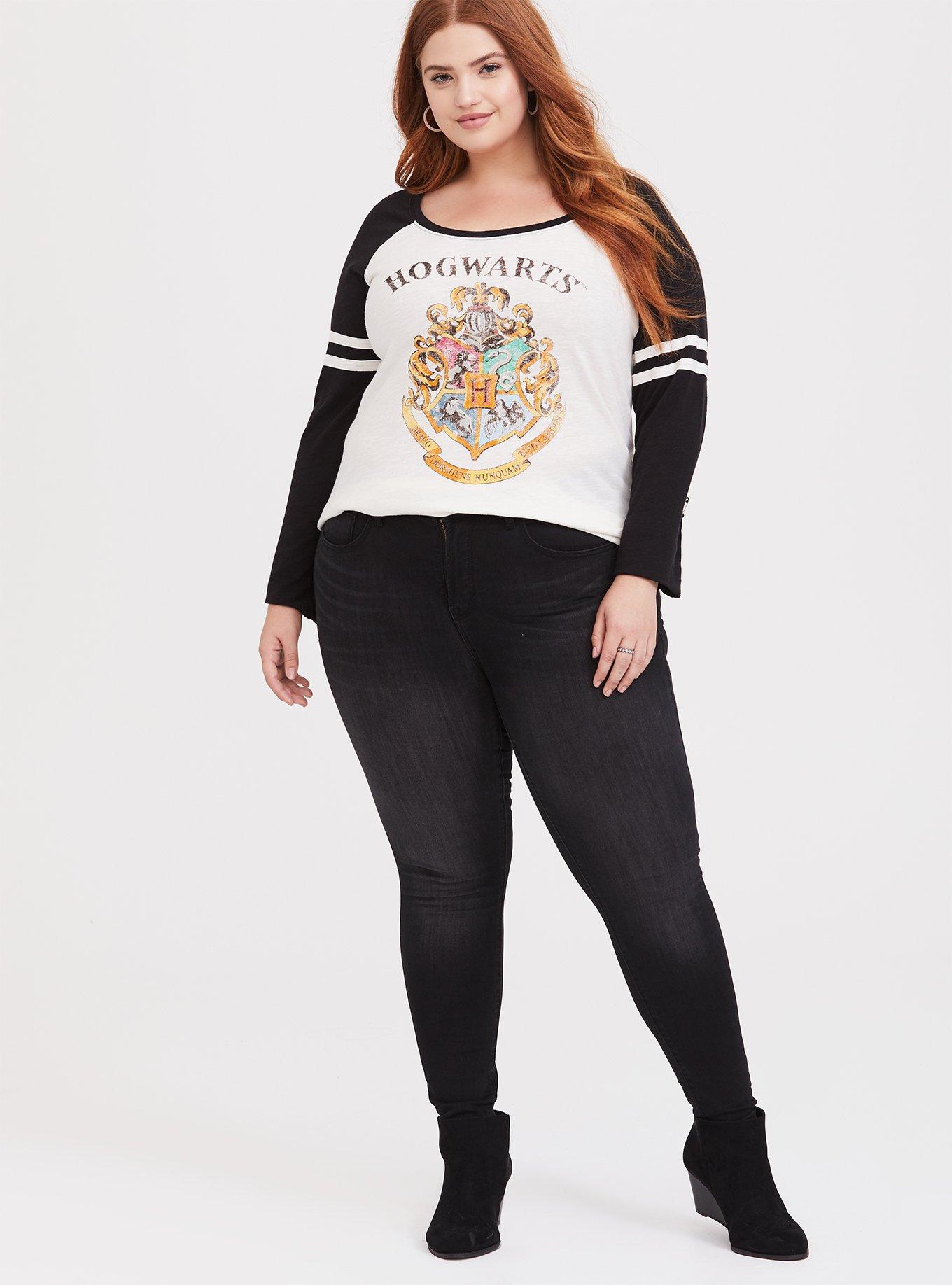 Plus Size Harry Potter Hogwarts Crest White Football Raglan Top, IVORY BLACK, alternate