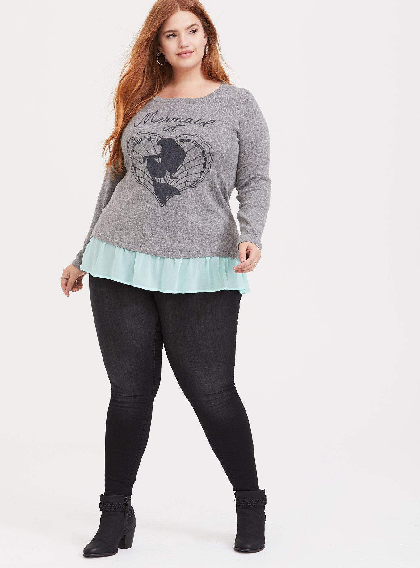 Plus Size Disney the Little Mermaid Button Back 2fer Sweater, GREY, alternate