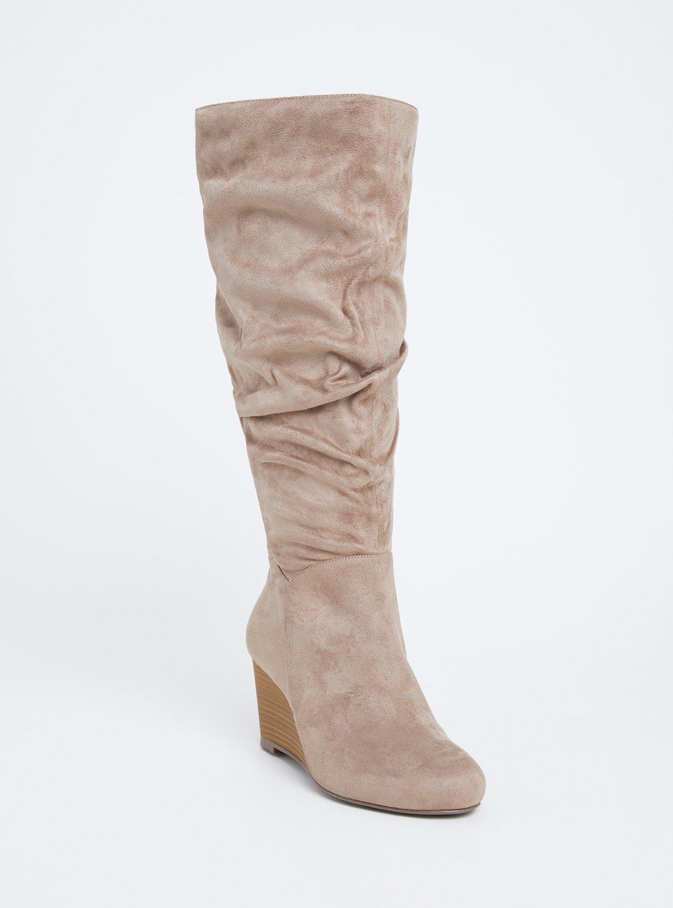 Grey Faux Suede Slouchy Knee-High Wedge Boot (Wide Width), GREY, hi-res