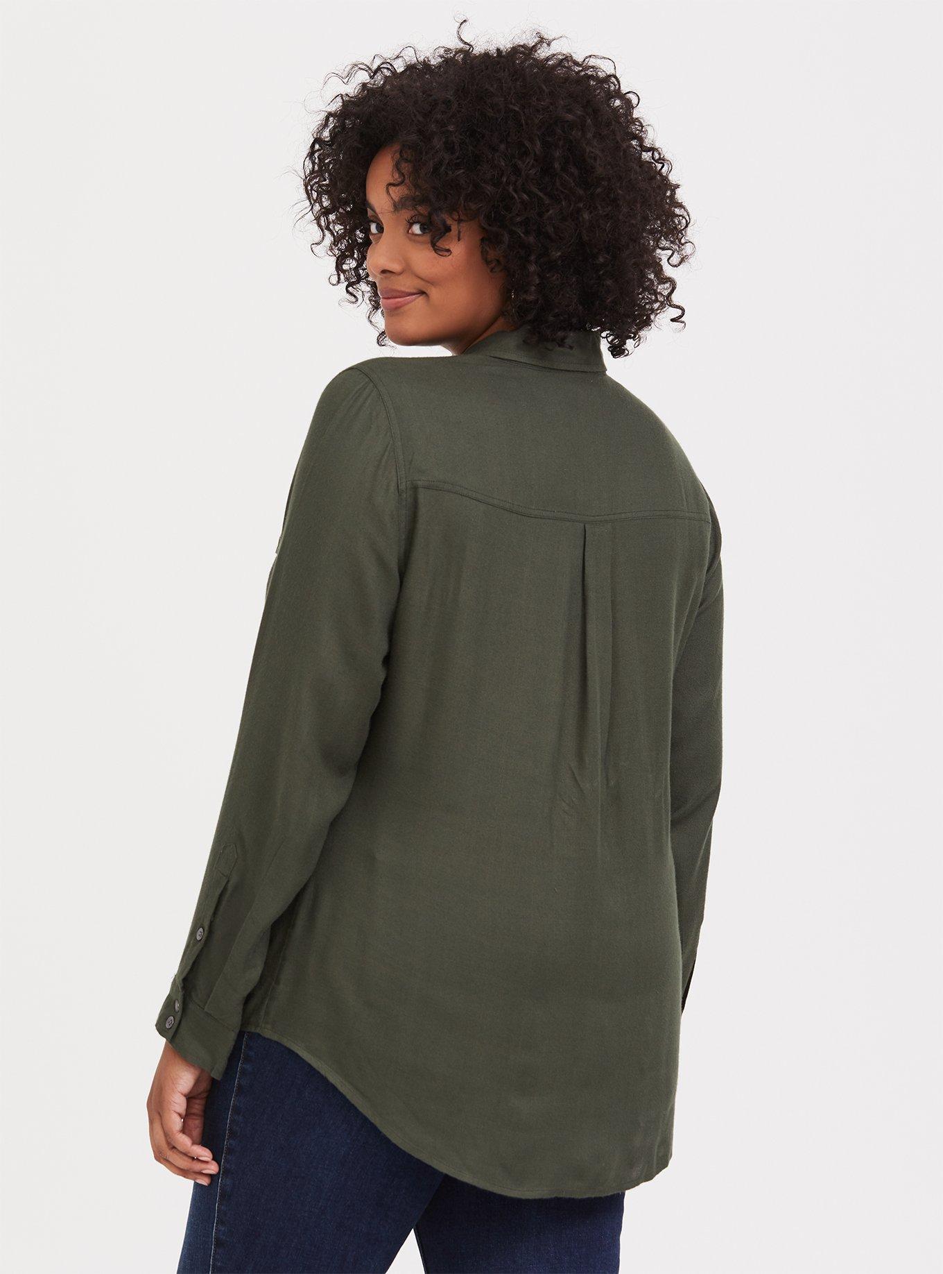 Plus Size - Olive Green Twill Button Front Utility Shirt - Torrid