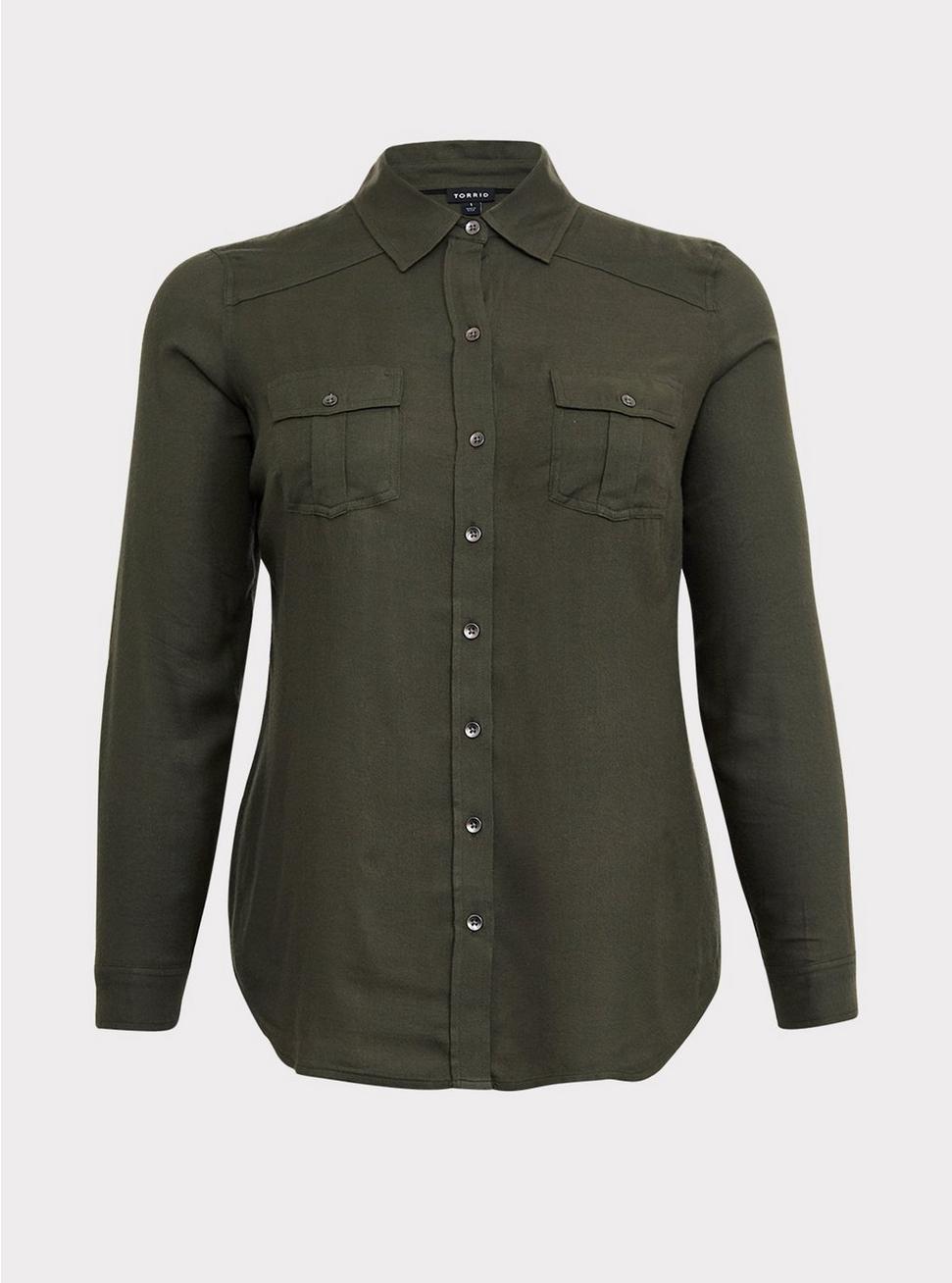 Plus Size - Olive Green Twill Button Front Utility Shirt - Torrid