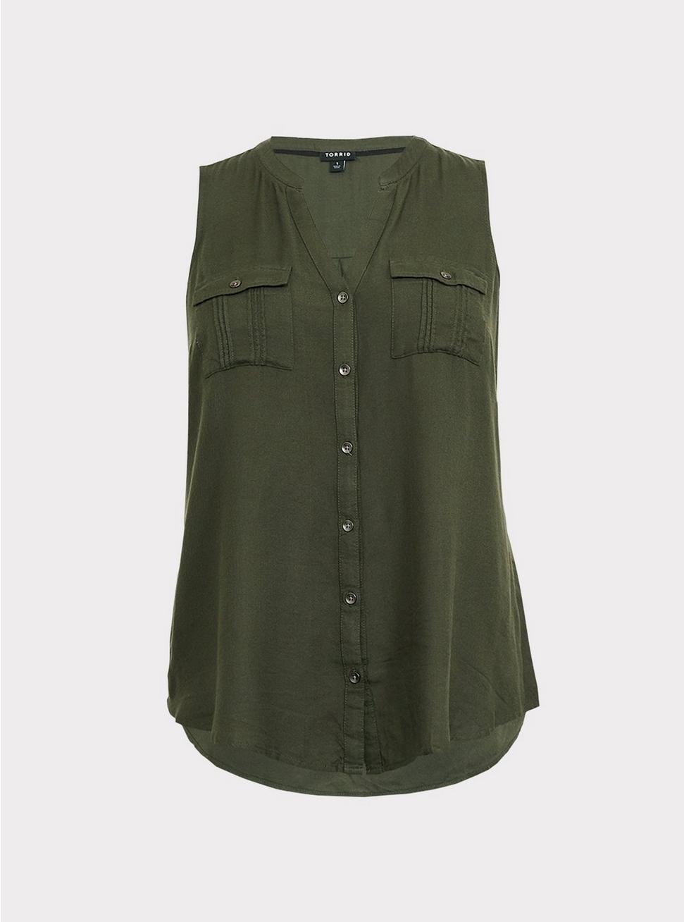 Plus Size - Olive Green Twill Utility Pintuck Shirt - Torrid
