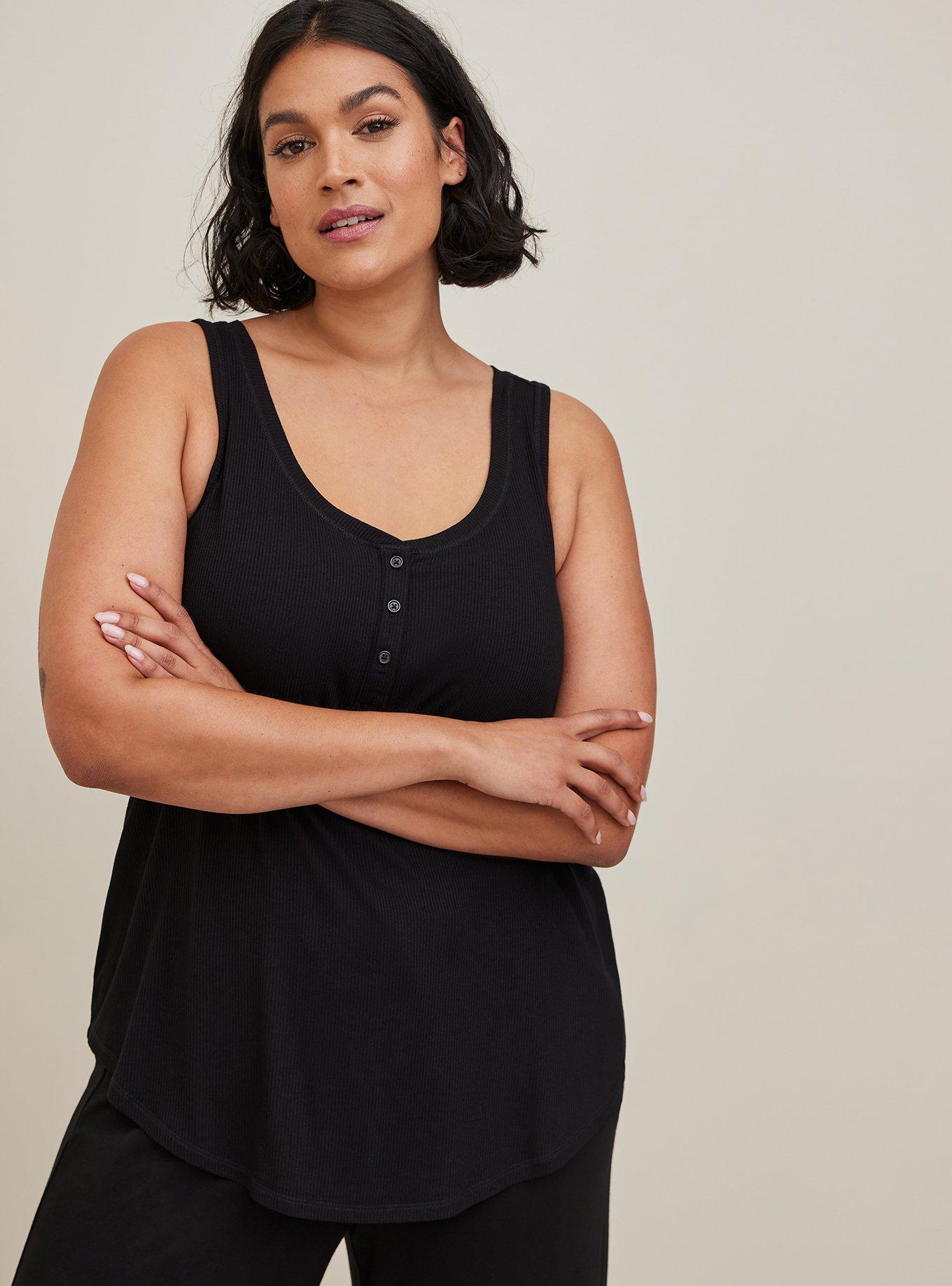 Plus Size Rib Henley Sleeveless Sleep Tank, DEEP BLACK, alternate