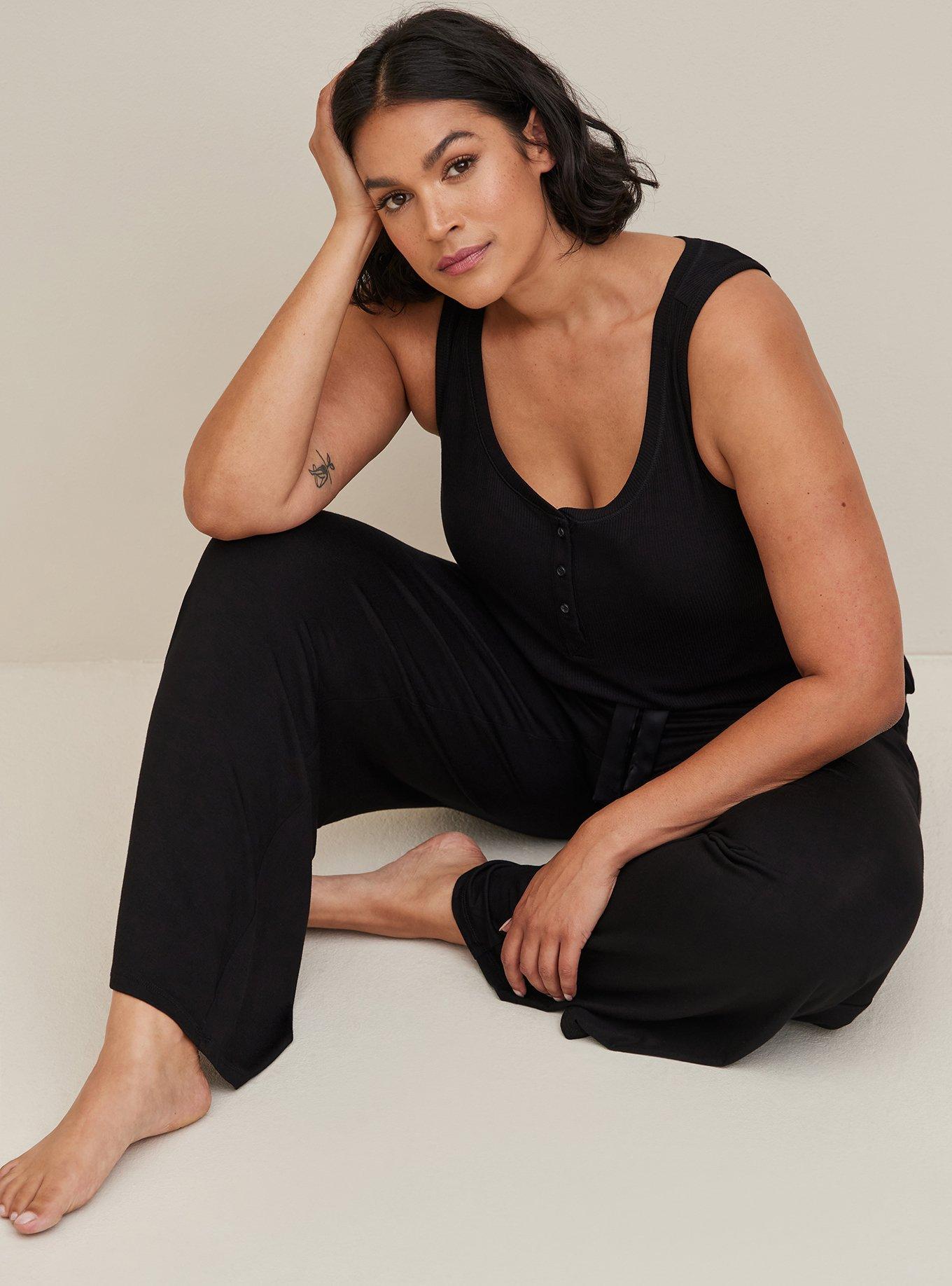Plus Size Rib Henley Sleeveless Sleep Tank, DEEP BLACK, alternate