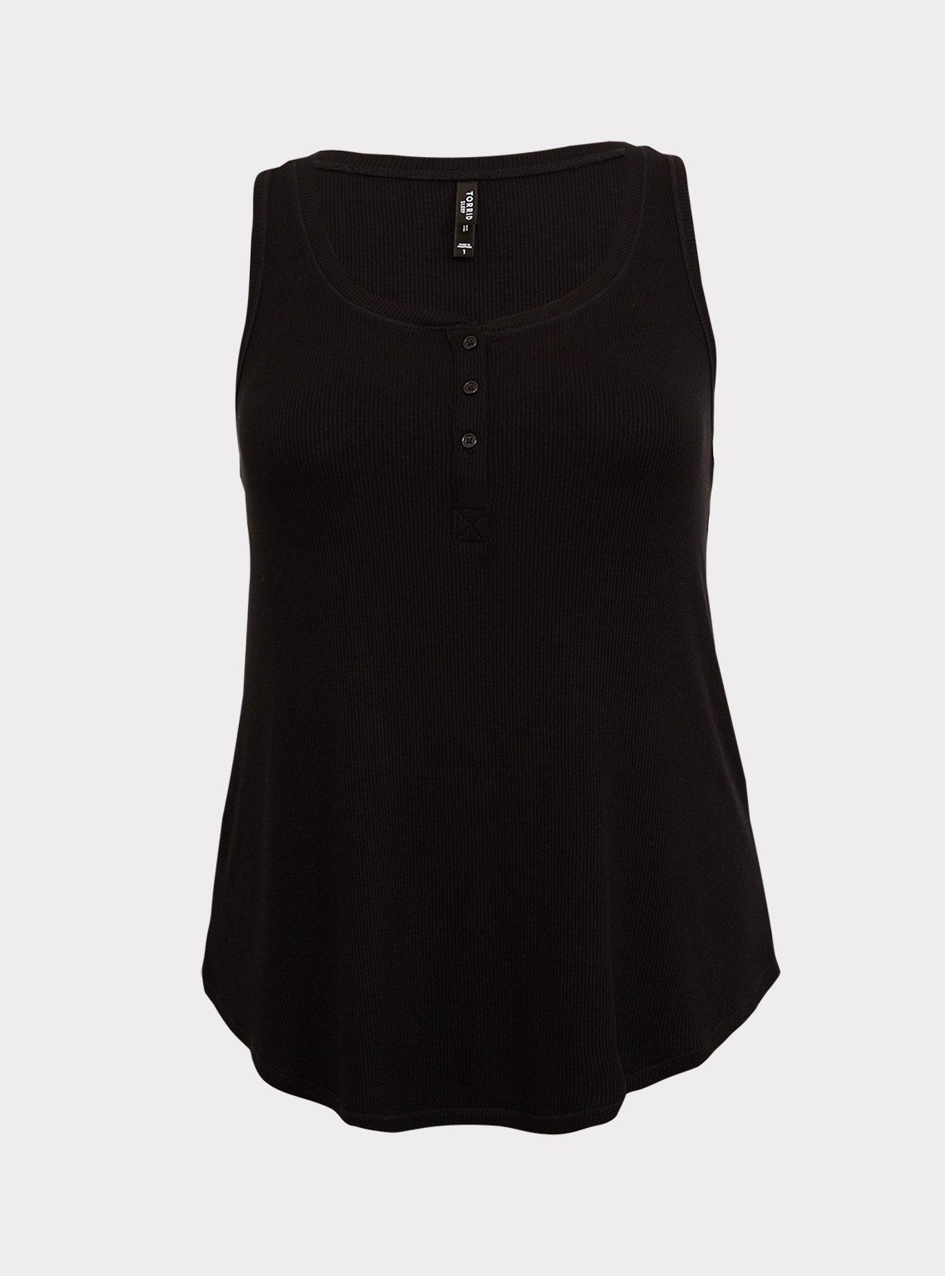 Plus Size Rib Henley Sleeveless Sleep Tank, DEEP BLACK, hi-res