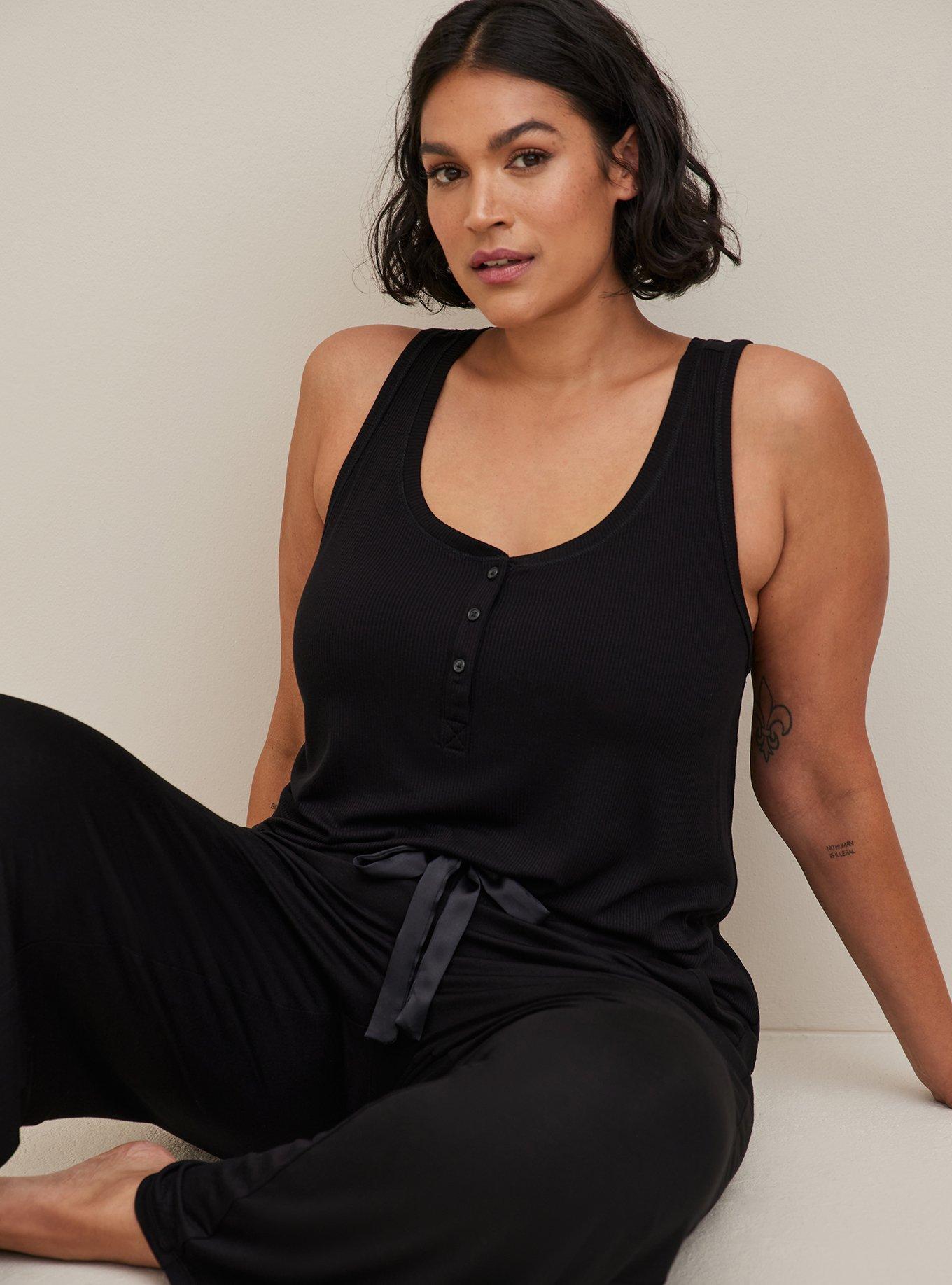 Plus Size Rib Henley Sleeveless Sleep Tank, DEEP BLACK, hi-res