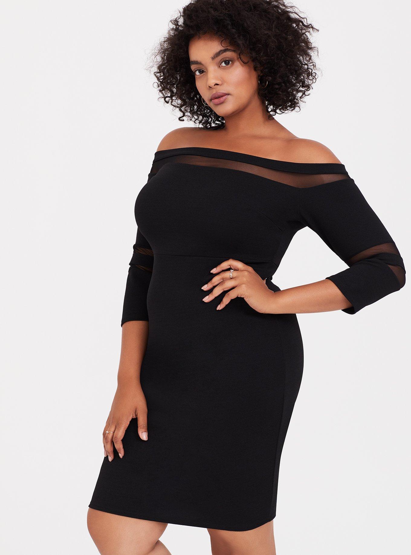 Plus Size - Black Crepe & Mesh Off Shoulder Bodycon Dress - Torrid