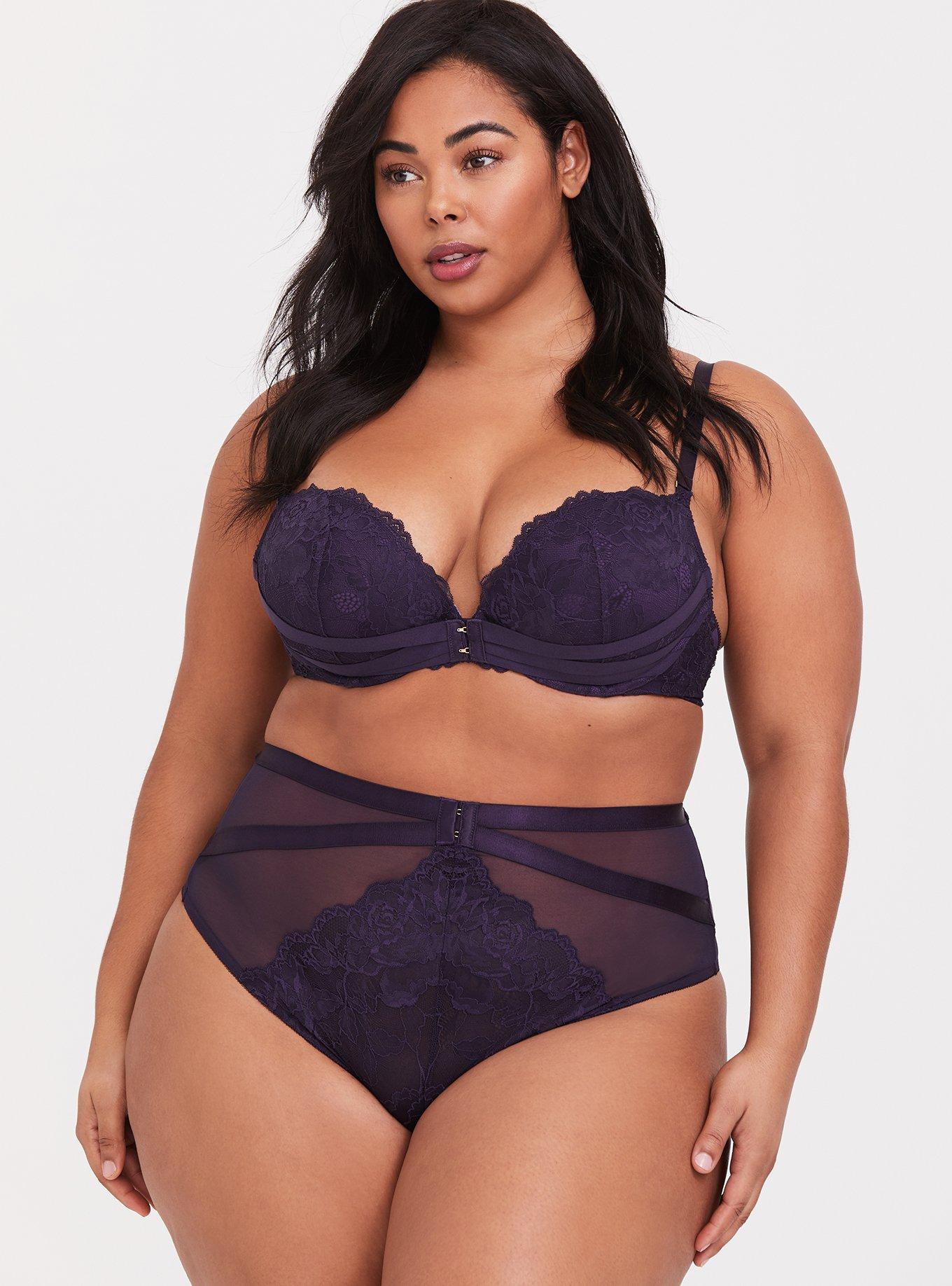 Plus Size Dark Purple Banded Lace Corset Push-Up Plunge Bra, PLUM PURPLE, alternate
