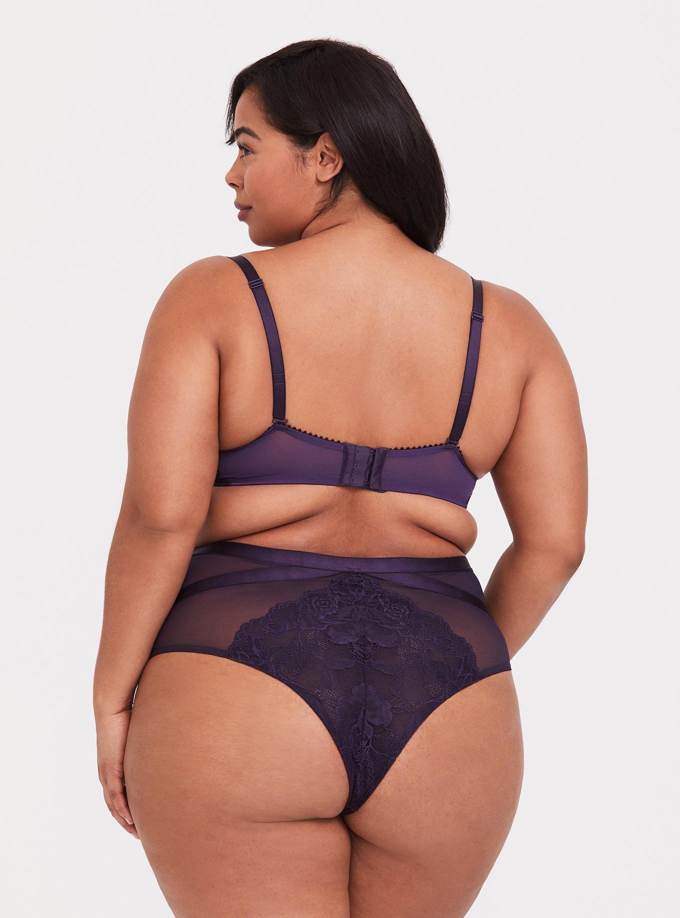 Plus Size Dark Purple Banded Lace Corset Push-Up Plunge Bra, PLUM PURPLE, alternate