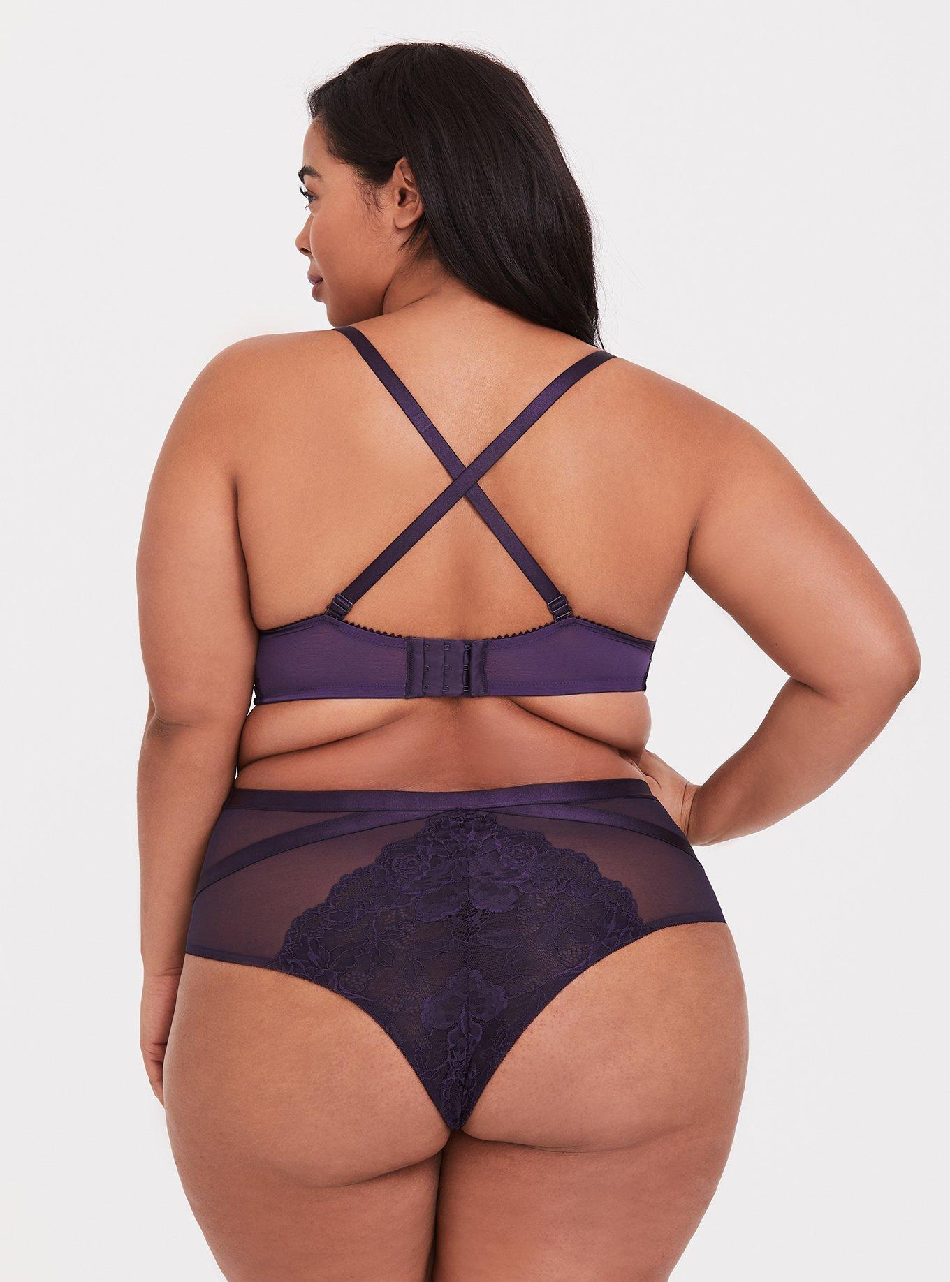 Plus Size Dark Purple Banded Lace Corset Push-Up Plunge Bra, PLUM PURPLE, alternate