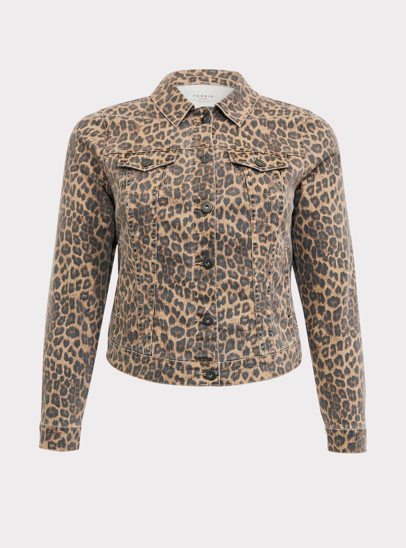 Plus Size Leopard Denim Trucker Jacket, , hi-res